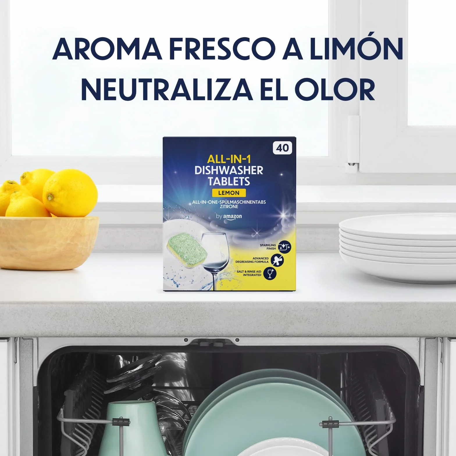 Pastillas para lavavajillas Todo en Uno by Amazon, Aroma Limón, 40 pastillas