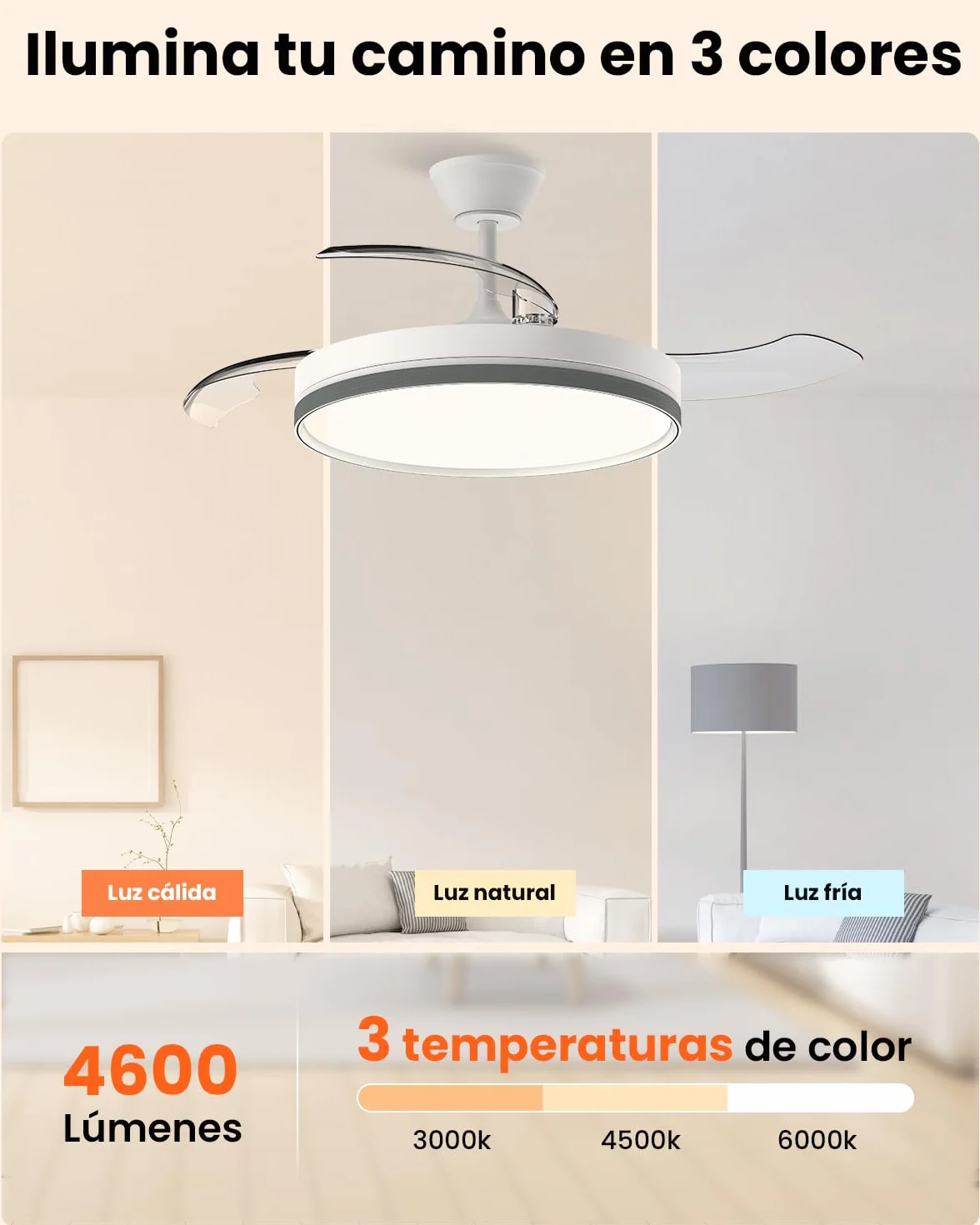 Airwit Ventilador de Techo con Luz 106cm Aspas Retráctiles 69W DC Motor Silencioso Mando Temporizador Blanco