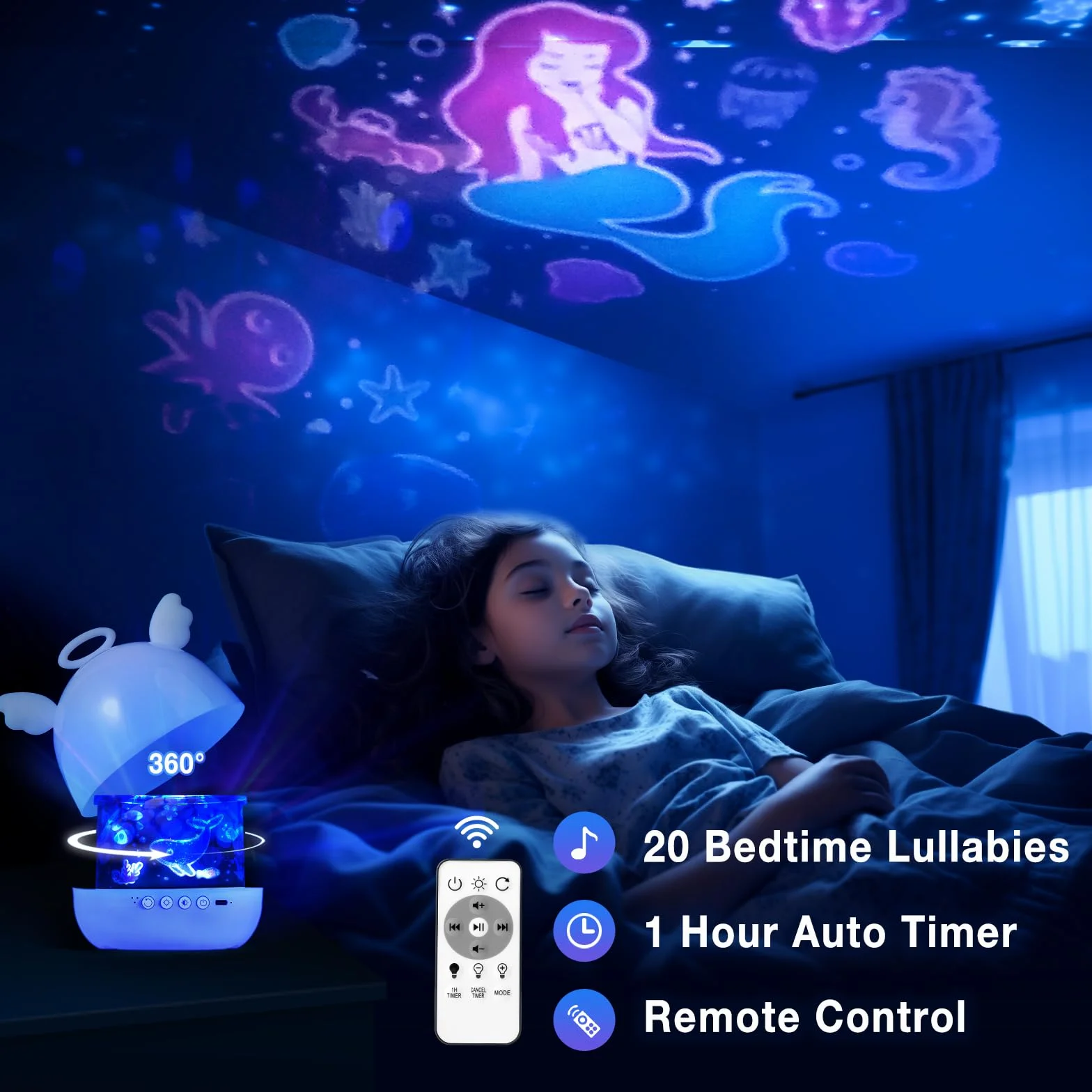 Proyector Estrellas Infantil 22 Temas Luz Nocturna 360° Rotación Proyector Bebes Luces Musica Control Remoto Temporizador Recargable