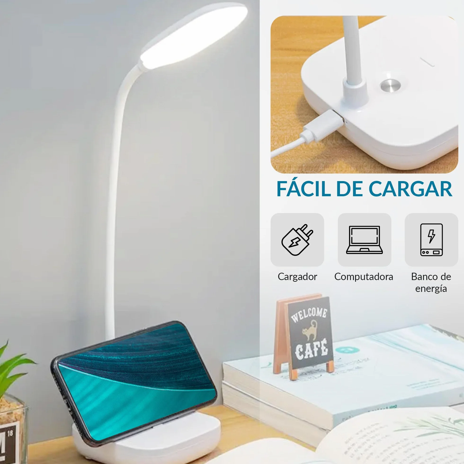 Lampara Escritorio LED Recargable, Flexo Flexible 3 Modos Luz, Control Tactil Ajustable para Oficina Estudio