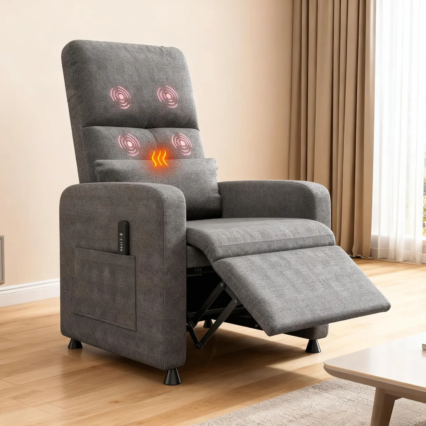 Sillón Eléctrico Reclinable con Masaje y Calor, Asiento de Lino, Respaldo y Reposapiés Ajustables 165°, Puerto USB, Soporte Lumbar