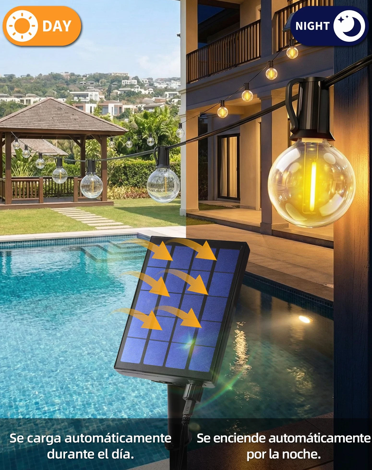 Guirnaldas Luces Exterior Solar 15M 25+3 LED G40 Impermeable IP44 3600 mAh 8 Modos Control Remoto