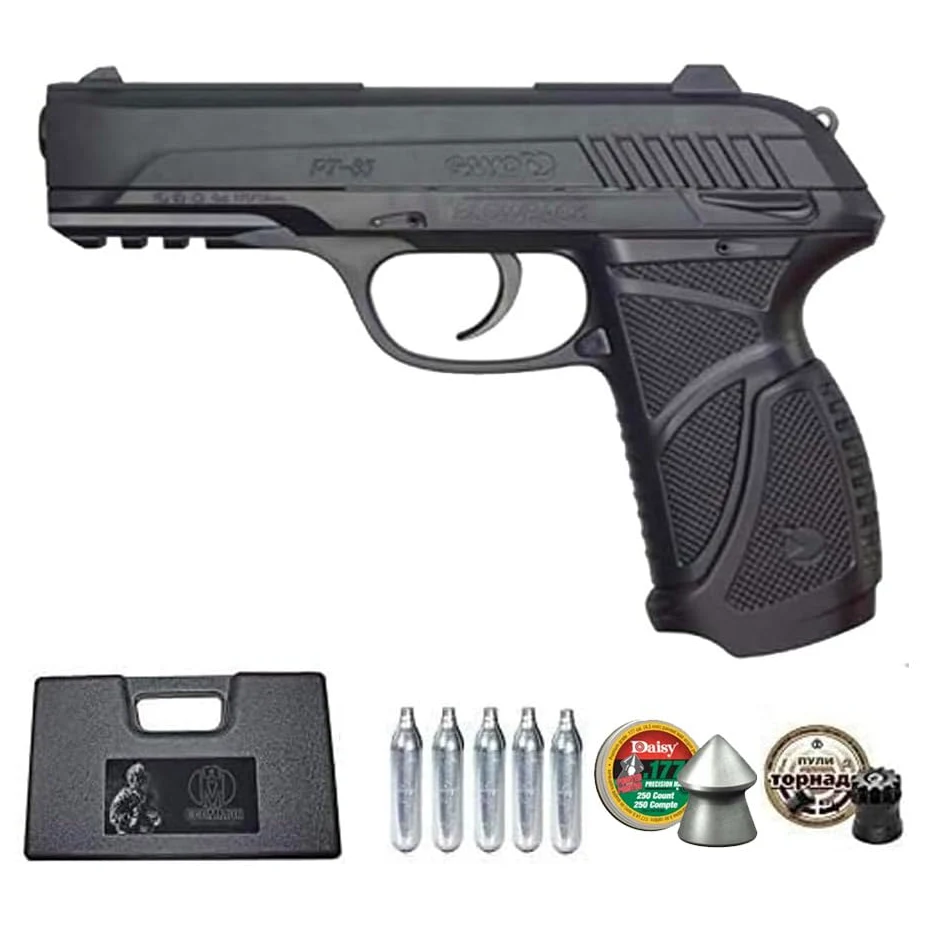 Ecommur. PT85 gamo blowback Negra | Pistola de Aire comprimido y perdigones semiautomática 4,5mm PT-85 + maletín + 2 Cajas de balines y CO2