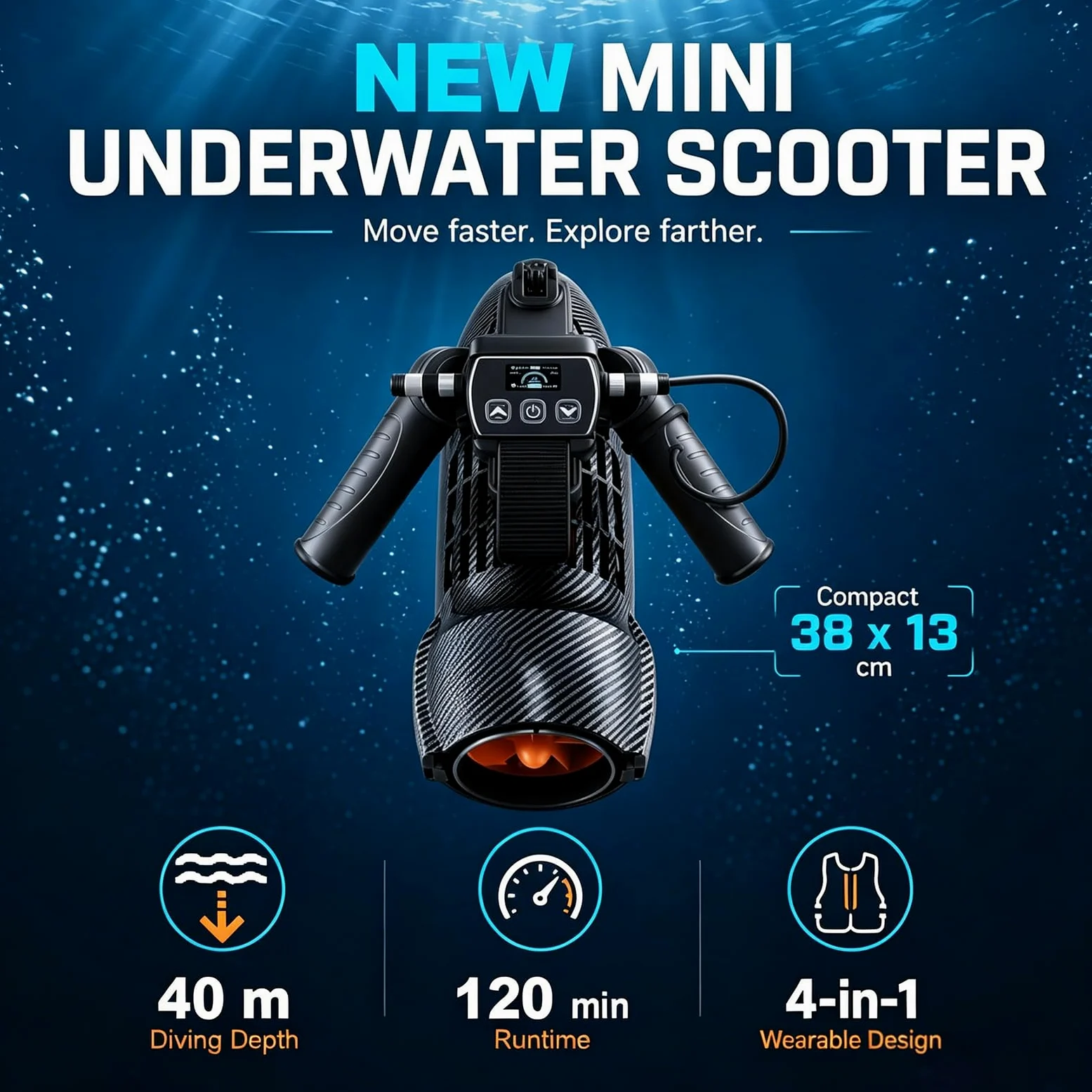 Scooter Submarino de 650W, Vehículo de Propulsión Subacuática para Buceo con 2 Baterías de 4400mAh y 2 Gafas de Natación, Profundidad Máxima de 40 m, Velocidad Máxima de 7 km/h, Empuje de 7,8 kg