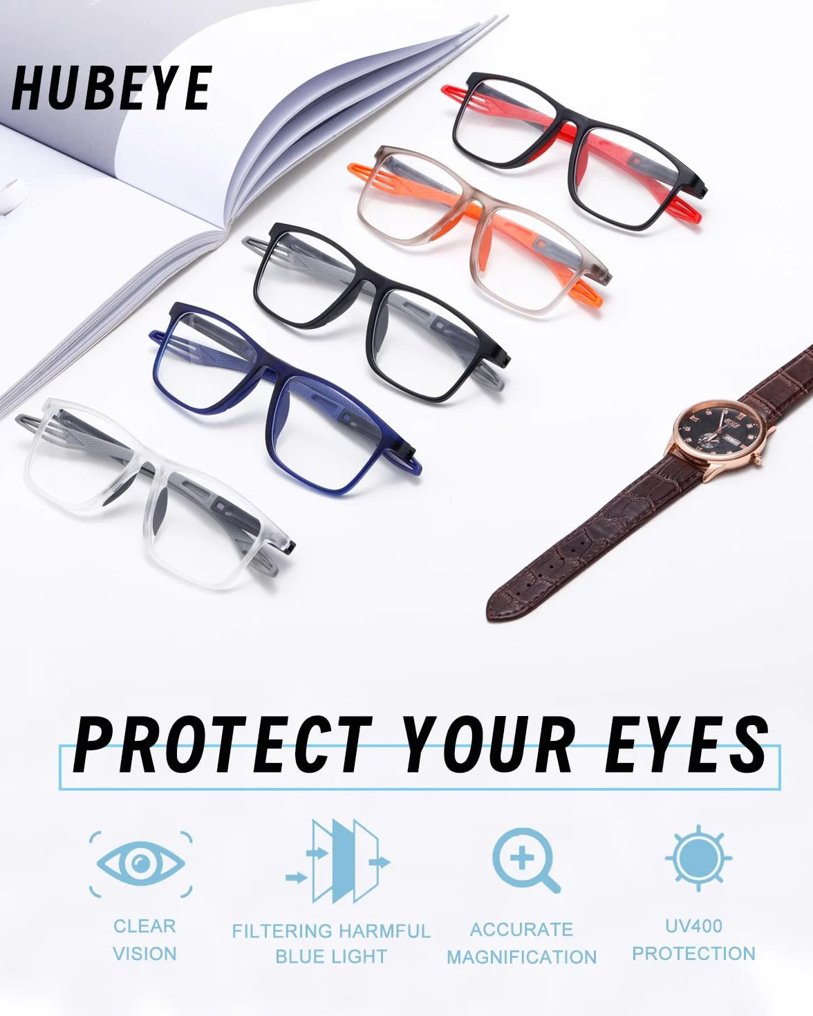Hubeye Gafas de lectura deportiva ultraligeras anti luz azul 1.50 Pares