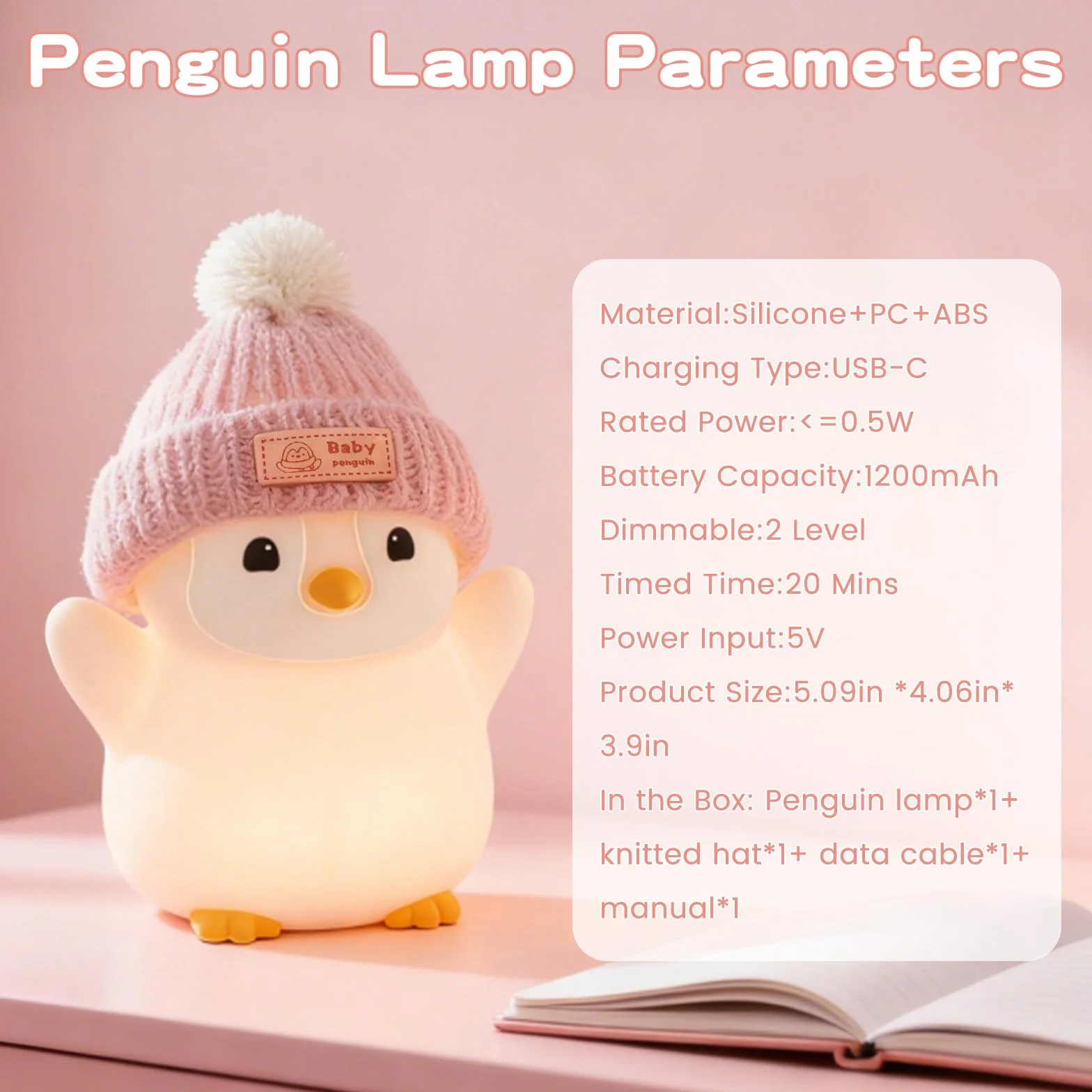 FAMIDUO Luz Nocturna Bebe Pingüino de Silicona con Control Táctil LED Recargable Temporizador 20 Minutos