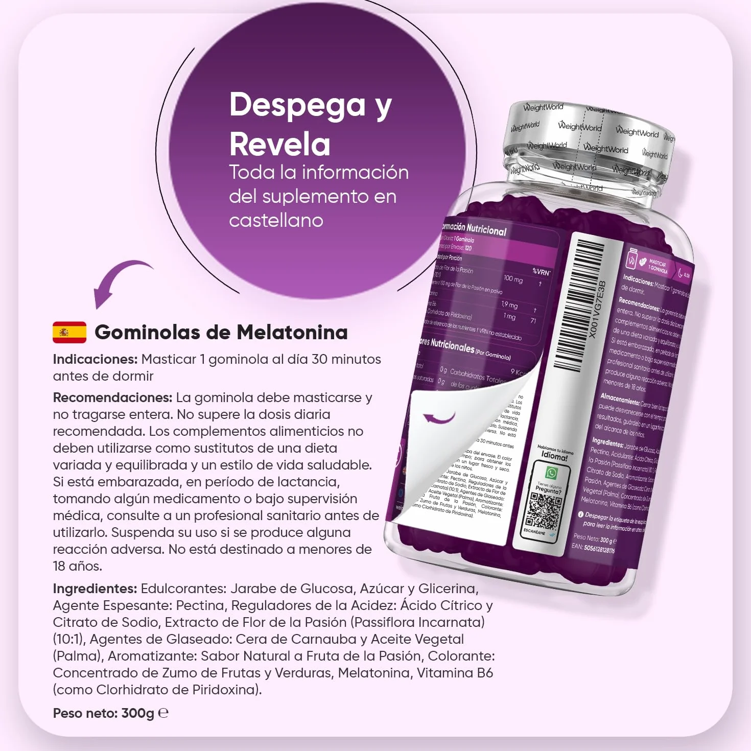 Melatonina Gominolas 120 Unidades con Vitamina B6 y Sabor Natural a Fruta de la Pasión - Gummies Veganas Sin Gluten