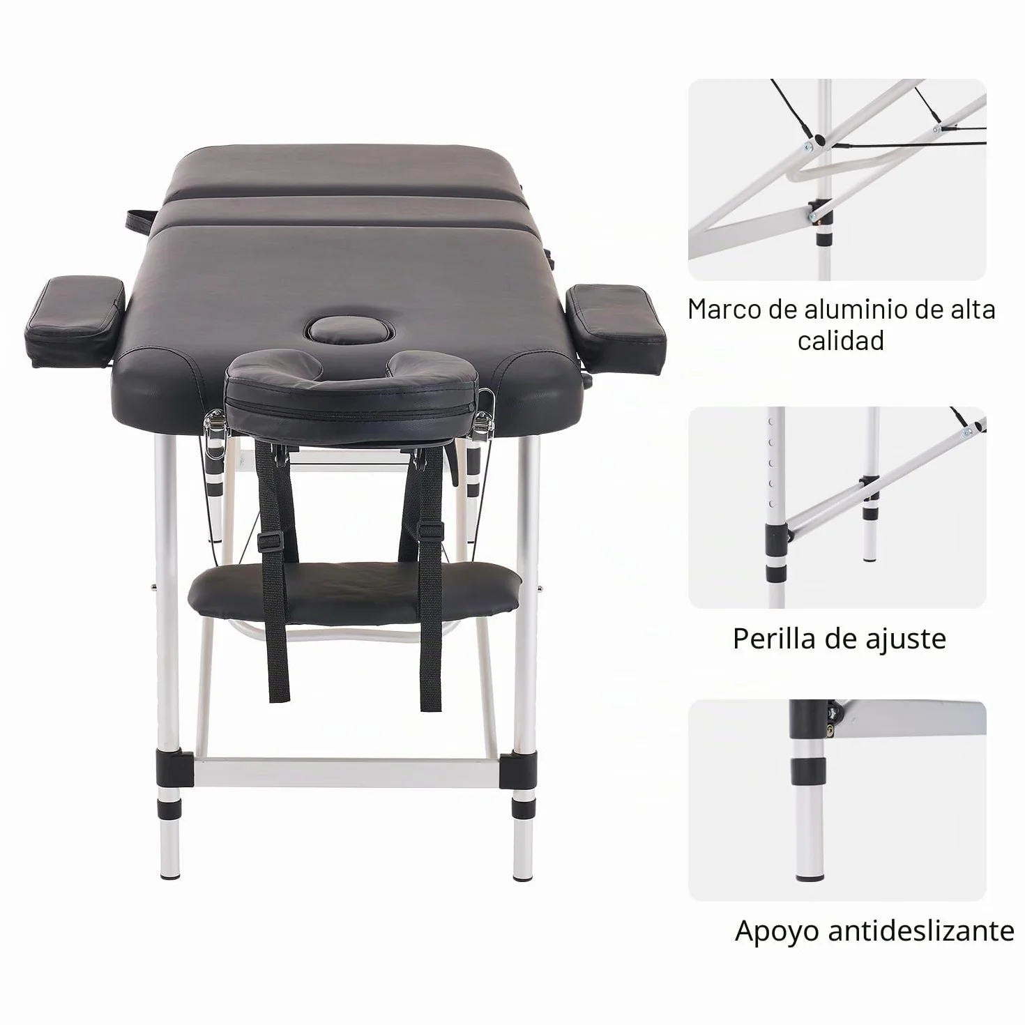 Camilla de Masaje Plegable Ajustable en Altura 3 Zonas Aluminio 186 x 60 cm Negro