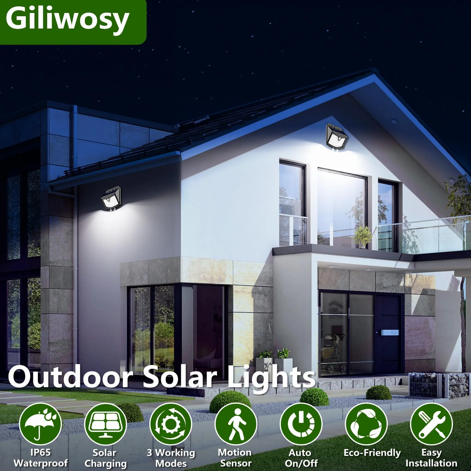 Focos LED Exterior Solares 2 Paquete IP65 Impermeable Sensor Movimiento Blanco Frío
