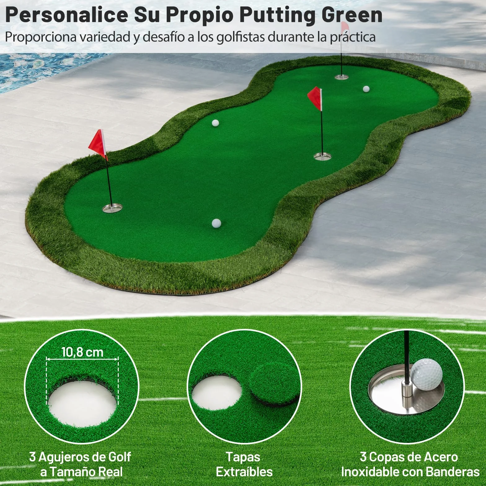 COSTWAY Alfombra de Putting de Golf, 300 X 150 CM, 3 Hoyos, 3 Banderas y Tazas, Tapete de Golf, Putting Mat Interiores Exteriores