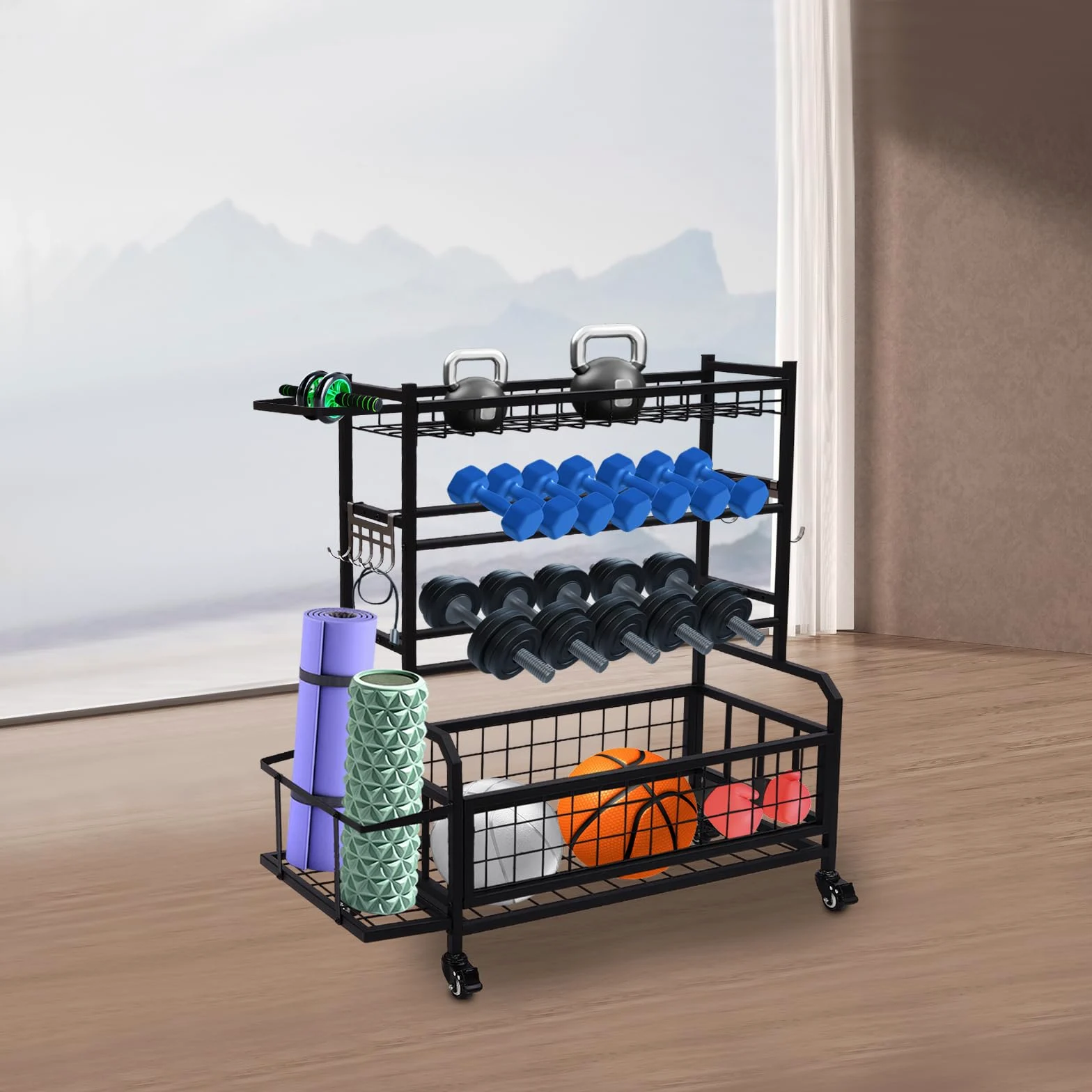 Soporte de pesas para gimnasio en casa, mancuernas, soporte para mancuernas con ruedas, para gimnasios, estudios de yoga, color negro, 102,5 x 40 x 105,6 cm