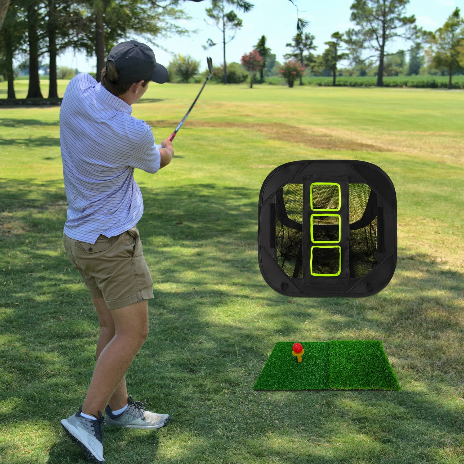 Red de práctica de astillado de golf, equipo de entrenamiento para interiores y exteriores, con alfombrilla de golpeo y 12 pelotas de golf de espuma, negro