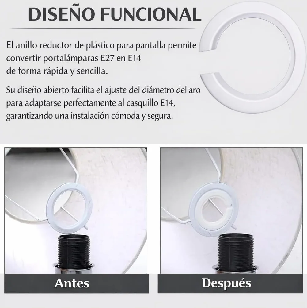 Anillos Reductores para Pantalla 42 mm a 29 mm, Adaptador E27 a E14, Convertidor Portalámparas, Plástico Blanco, PUNTO ES LIGHTING