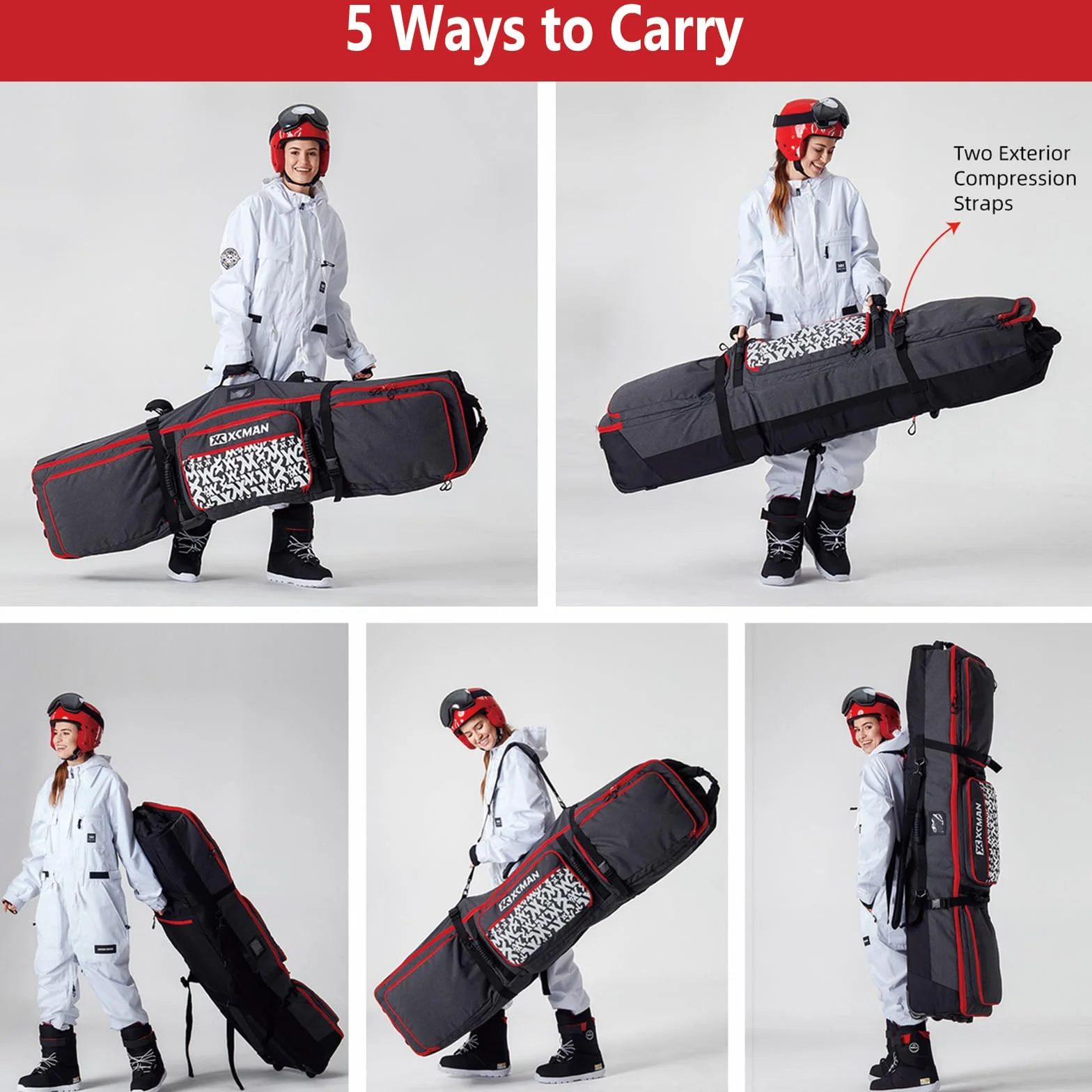 XCMAN - Bolsa de Snowboard con Ruedas, Longitud Ajustable para Viajes en avión, Extra Larga/Ancha/Profunda, Impermeable, con Varillas de protección ABS y Lomo de protección PP - Versión 2020