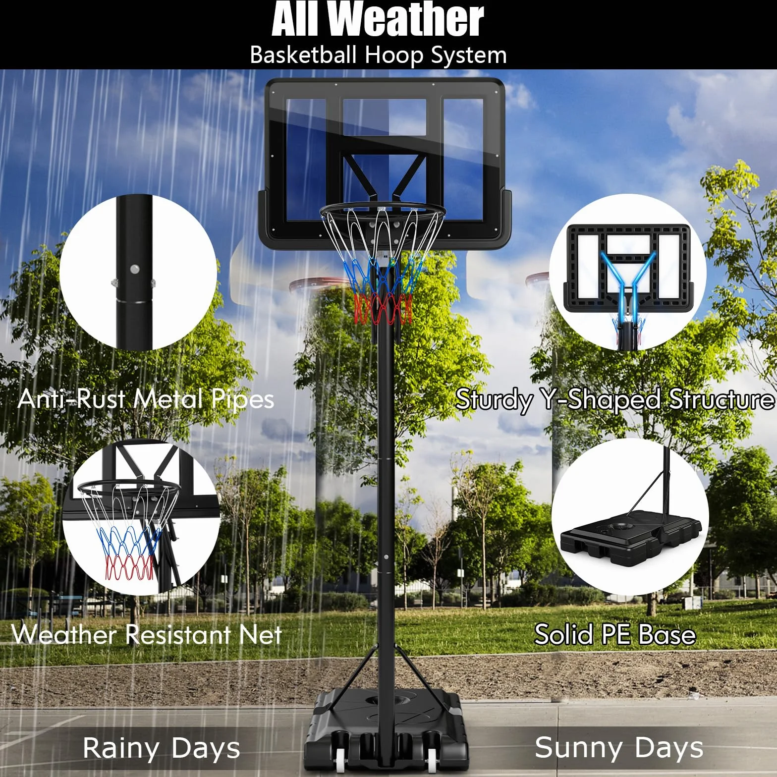 Canasta de Baloncesto Ajustable 143-305 cm con Ruedas y Base Rellenable