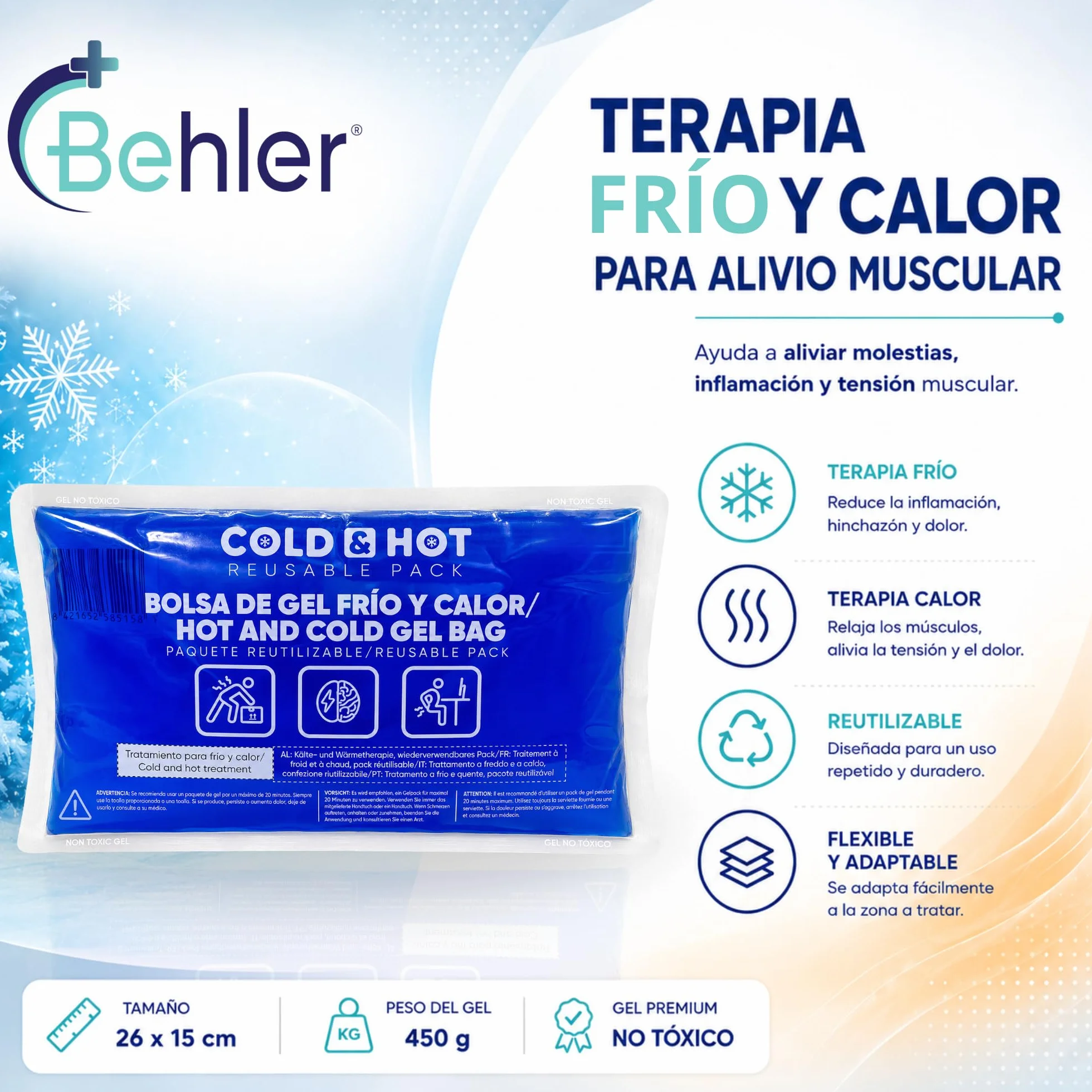 Bolsa de Gel Frío/Calor Reutilizable 26x15 cm - Multifuncional para Terapias, Dolor Muscular y Lesiones