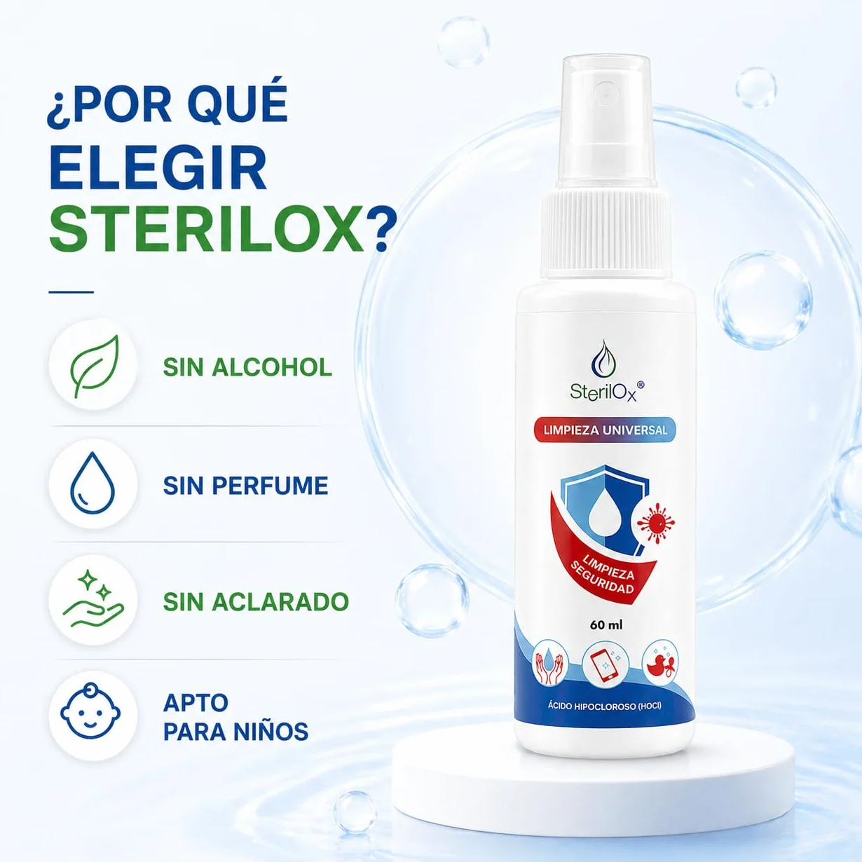Spray 3 x 60 ml Solución Cosmética con Ácido Hipocloroso para Manos, Juguetes, Utensilios - Seguro para Niños y Mascotas