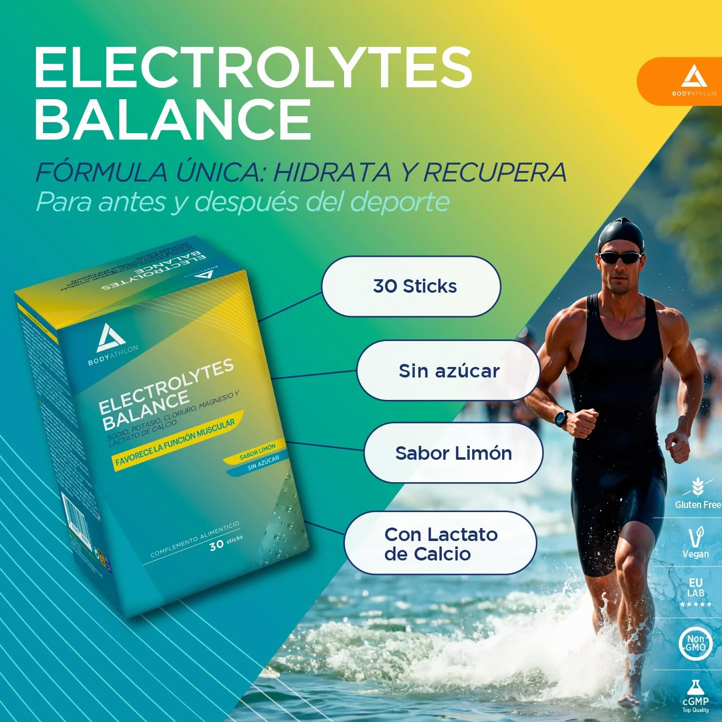 Electrolitos Sin Azucar en Polvo 1779mg Limón Sales Minerales para el Deporte Bodyathlon