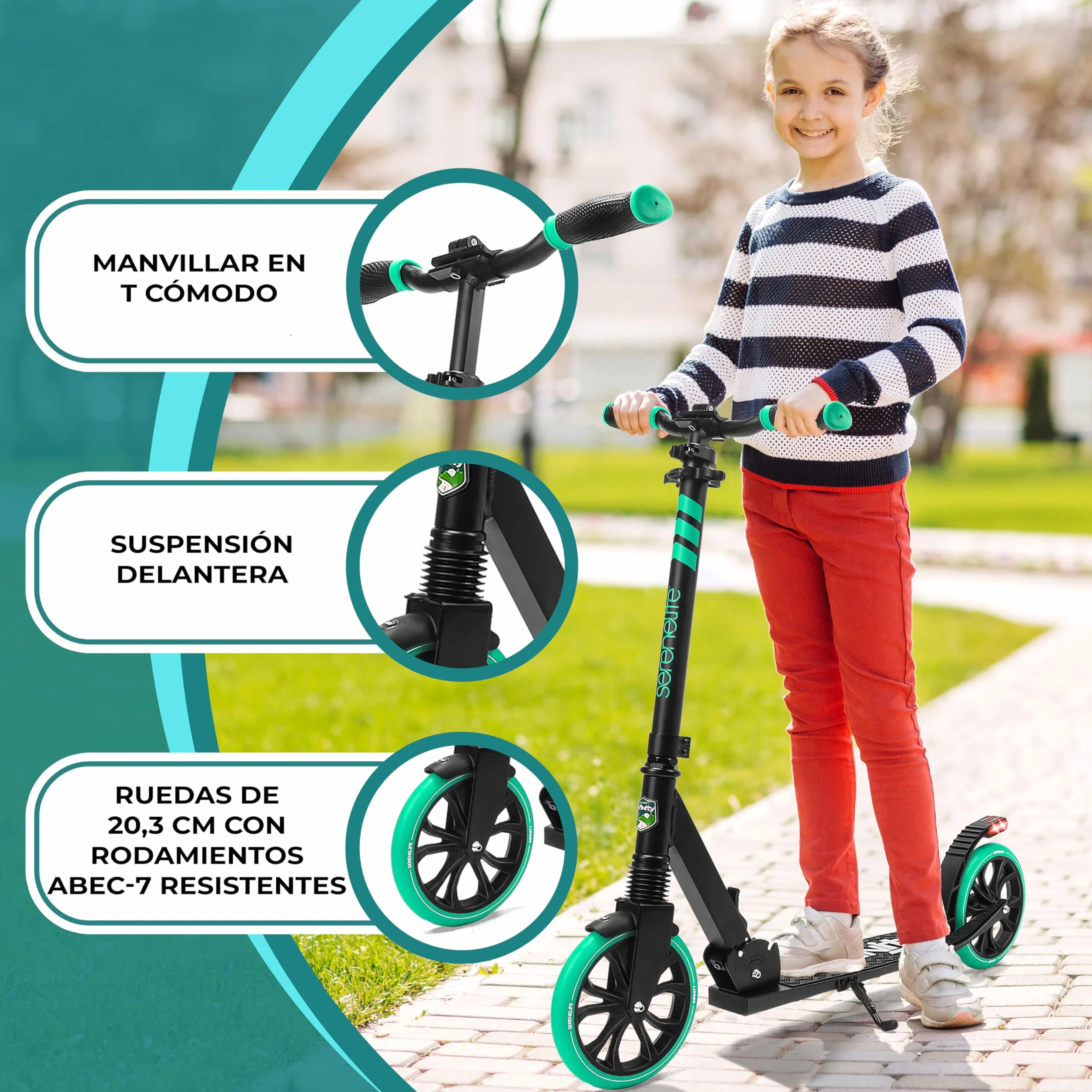 SereneLife Patinete Plegable Ajustable con Luces Freno Manillar Dos Ruedas