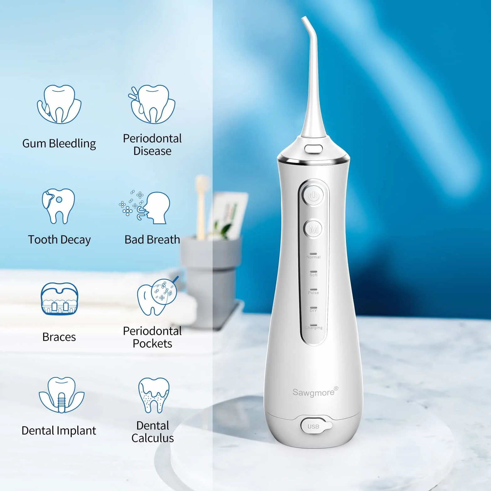 Sawgmore Irrigador Bucal Portatil, Recargable USB, Impermeable IPX7, 4 Modos y 4 Boquillas