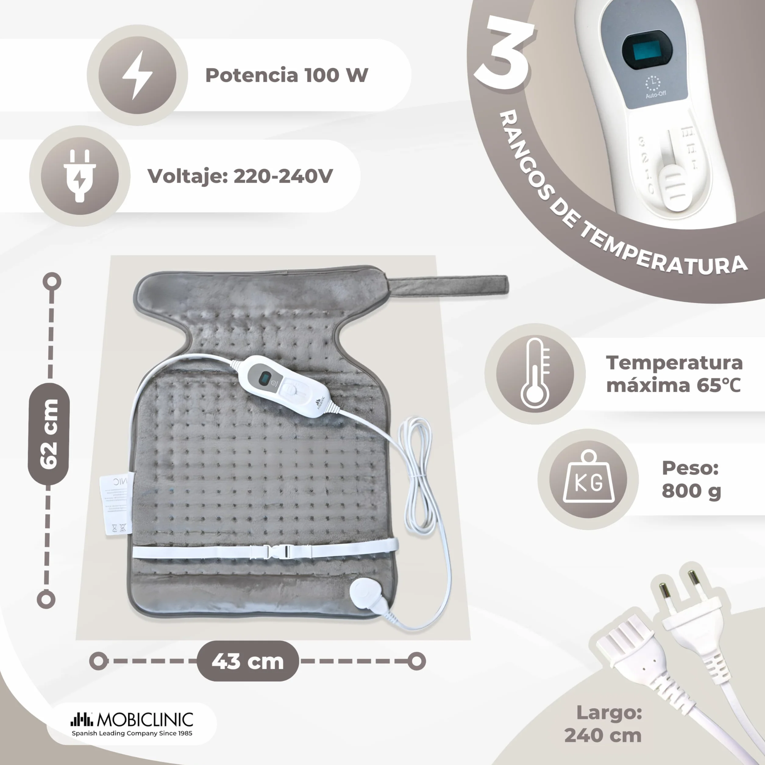 Mobiclinic Almohadilla eléctrica dorsal cervical 62x43 100W 3 niveles calor Apagado automático Lavable