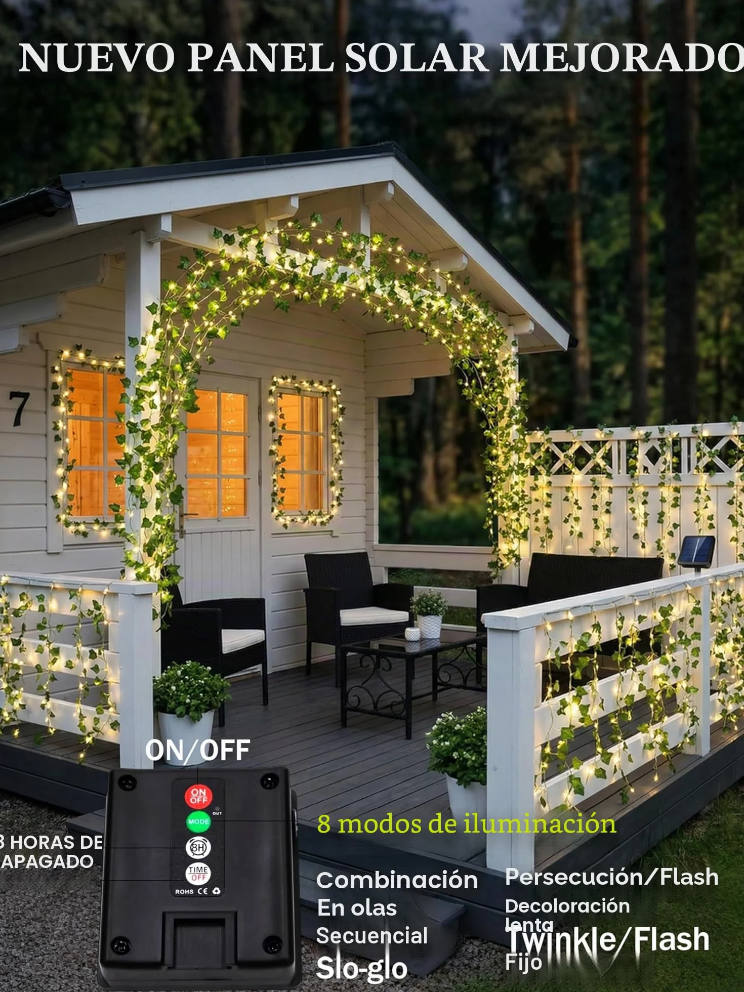 Cadena de luces solares para exteriores 12M 120 LED resistente al clima 8 modos