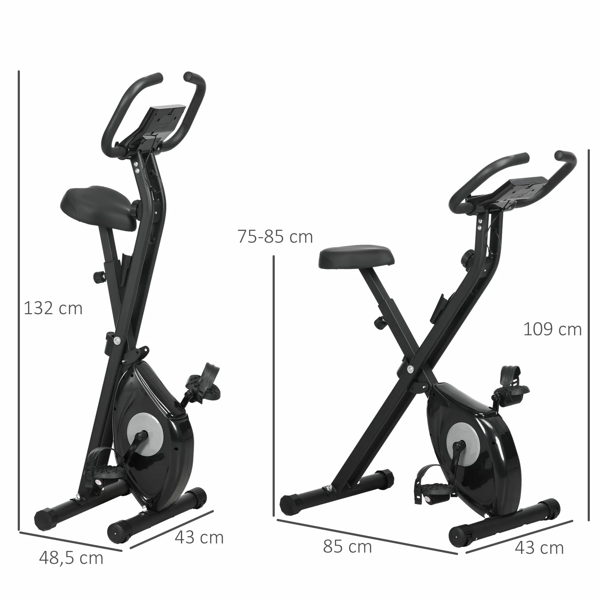 HOMCOM Bicicleta Estática Plegable con 8 Niveles de Resistencia Magnética Bicicleta de Ejercicio Fitness con Pantalla LCD y Asiento Regulable para Casa Oficina 43x85x109 cm Negro