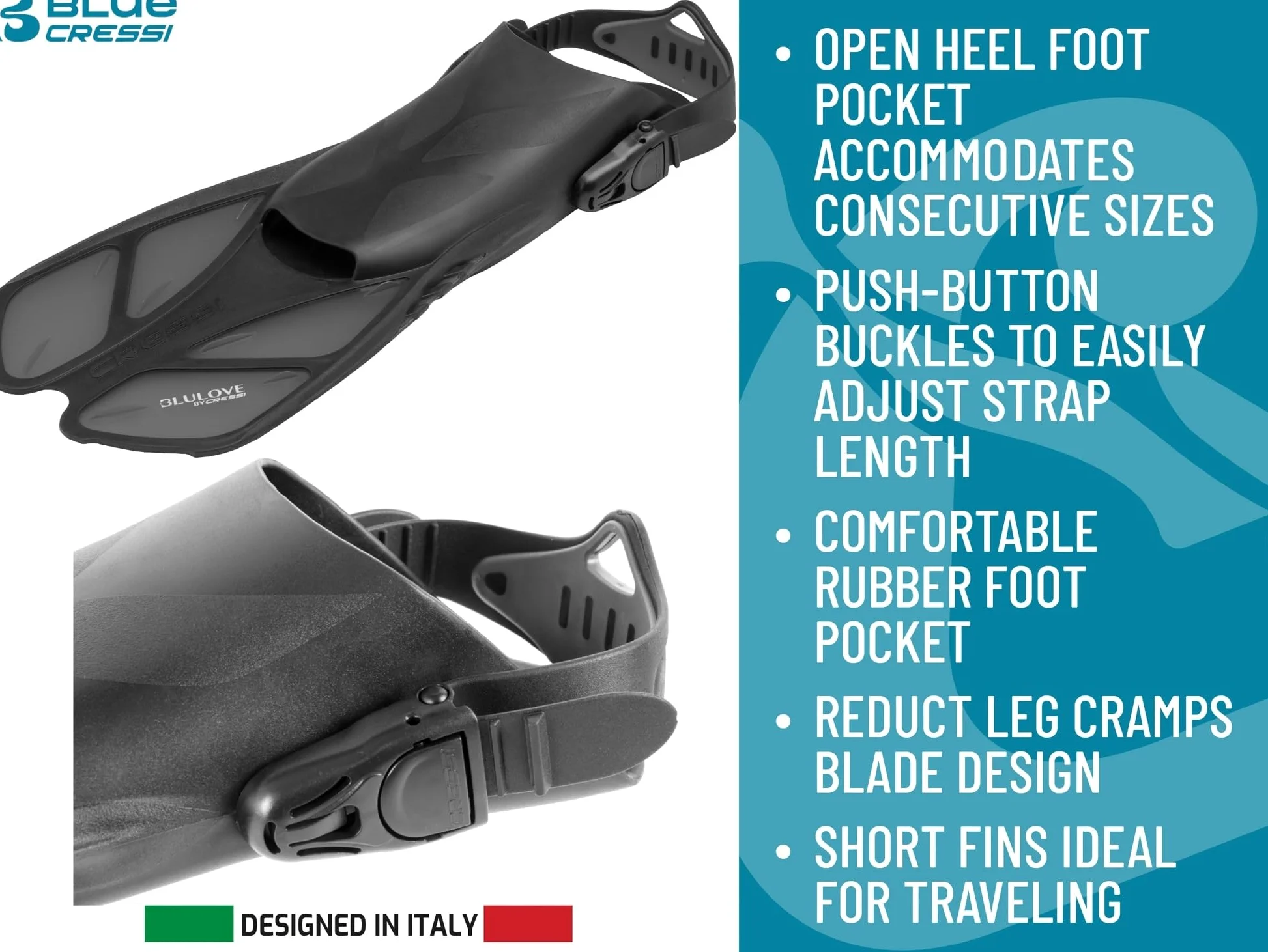 Cressi Aletas de natación Cortas Ajustables para Adultos con Hebillas Ultra Resistentes, Muy Ligeras - Ideal para Viajar | Bonete: diseñado en Italia
