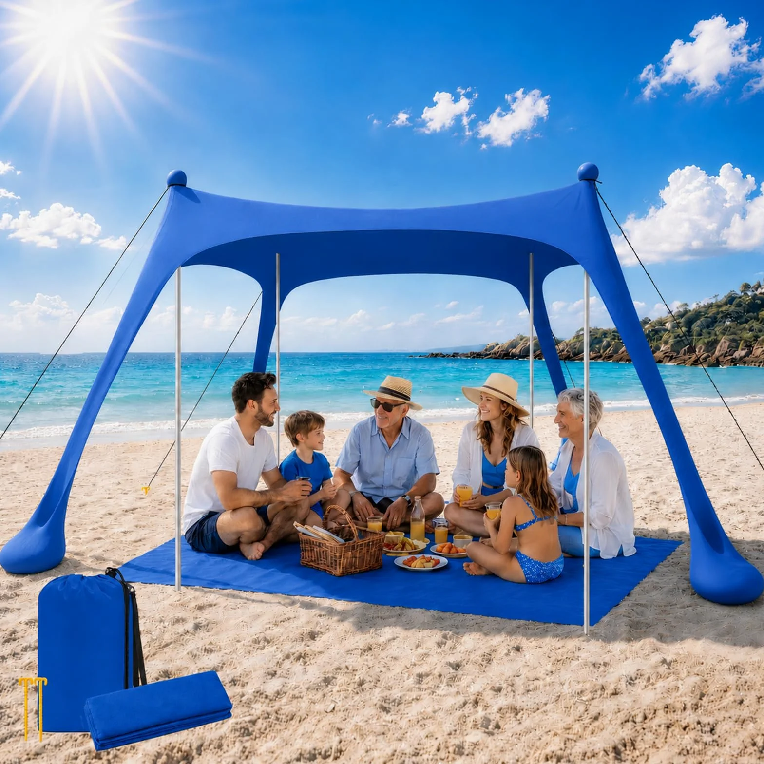 Tienda de Playa UPF50+ con Esterilla, Toldo Solar Antiviento Portátil | Refugio con Anclajes de Arena y Barras de Aluminio, Fácil Montaje para Camping, Playa y Picnic, 10x10FT Azul Oscuro