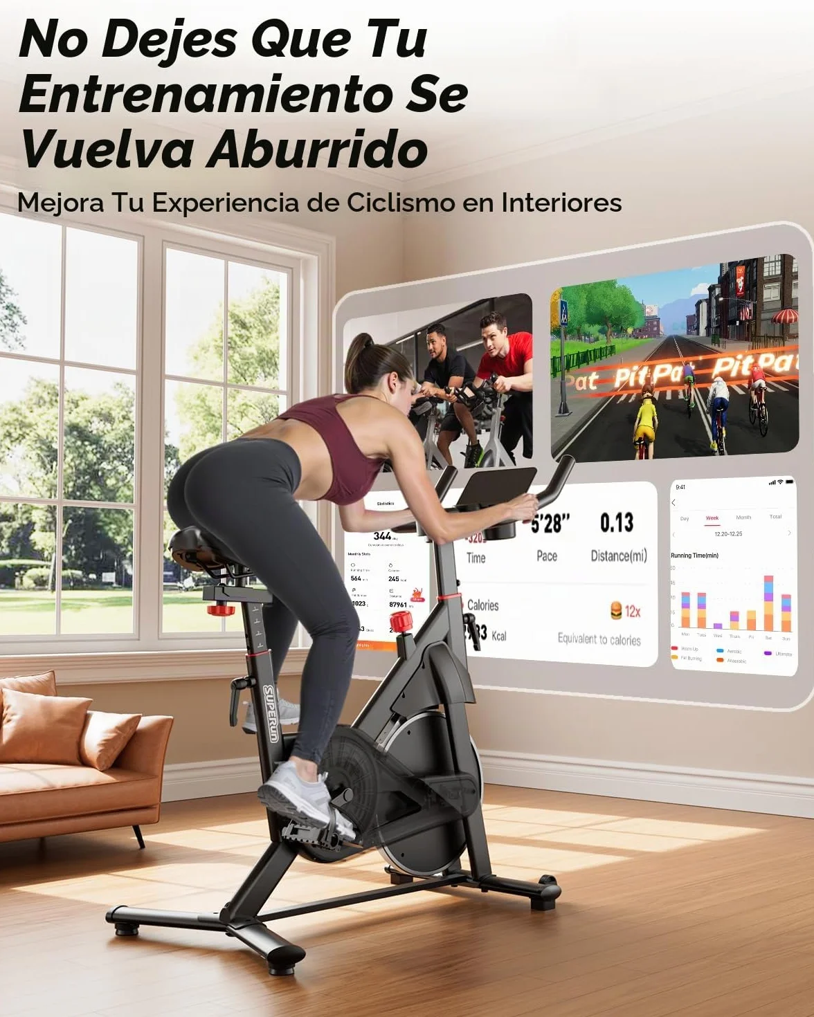 Superun Bicicleta Estática para Interior, Bicicleta Estacionaria con Resistencia Magnética Ajustable, Bicicleta Estacionaria con Pantalla LCD y App, Capacidad de Carga de 136 kg