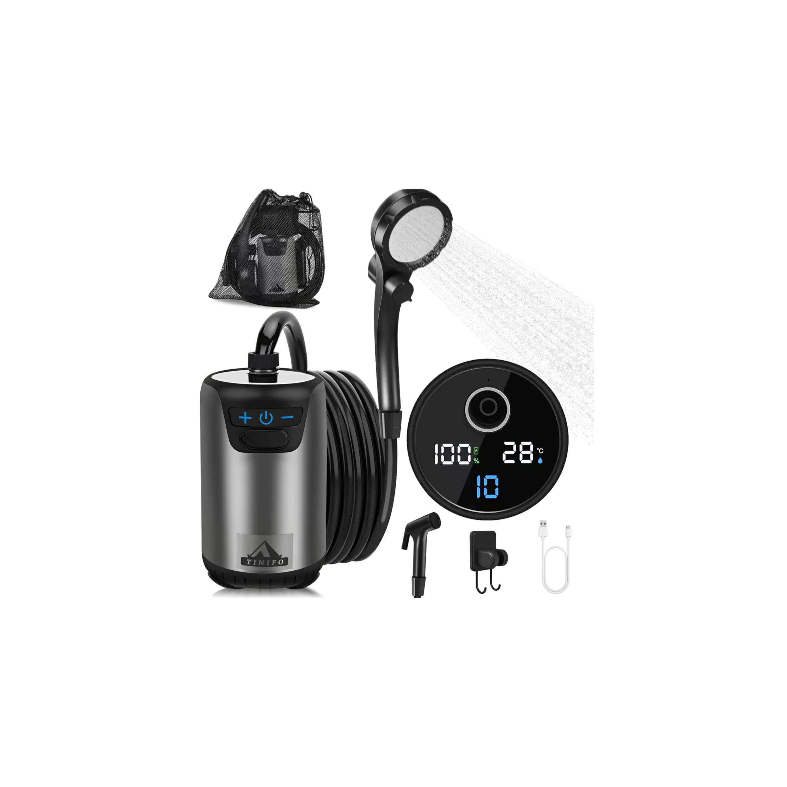 Ducha de camping con bomba, ducha portátil de camping con batería recargable de 8000 mAh, ducha móvil con indicador de temperatura, manguera de 2 m para camping, lavado de coche, ducha de