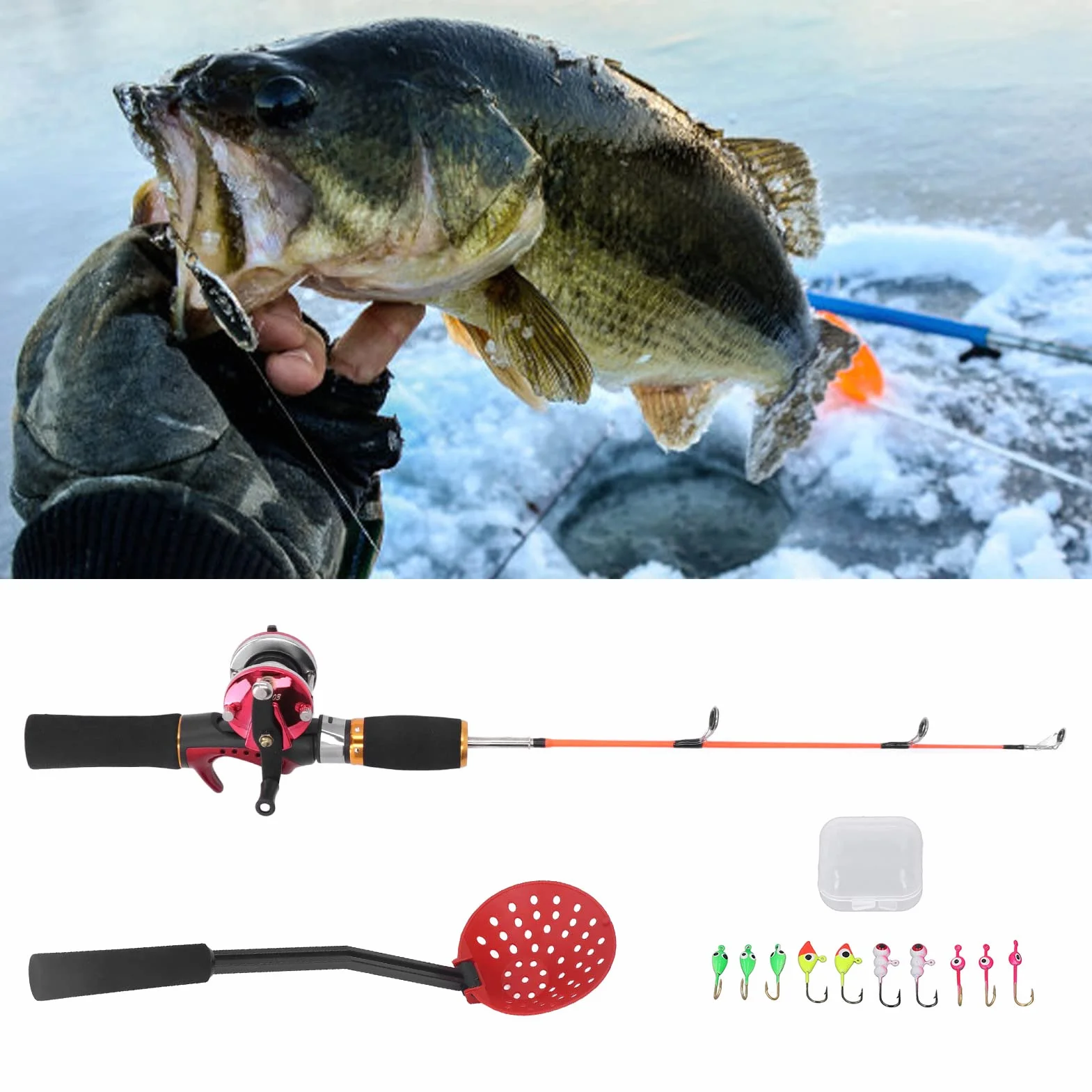 Keenso Caña de Pescar en Hielo de Invierno, Carrete de Pesca con Hilo de Pescar, Anzuelo de Pesca en Hielo, Juego de Engranajes Combinados para Pesca Al Aire