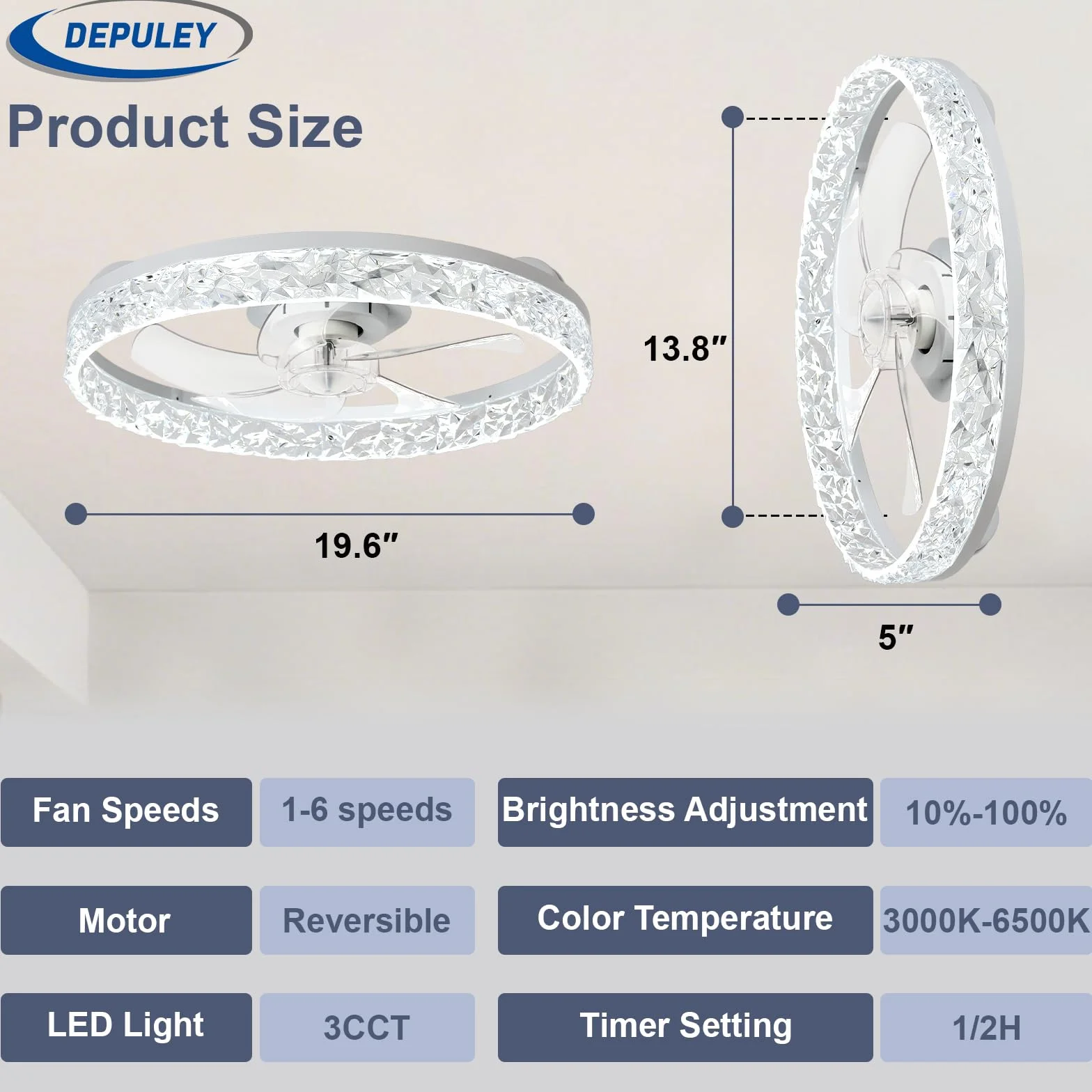 Depuley Ventilador de techo LED 20 pulgadas empotrado con luz regulable control por app blanco