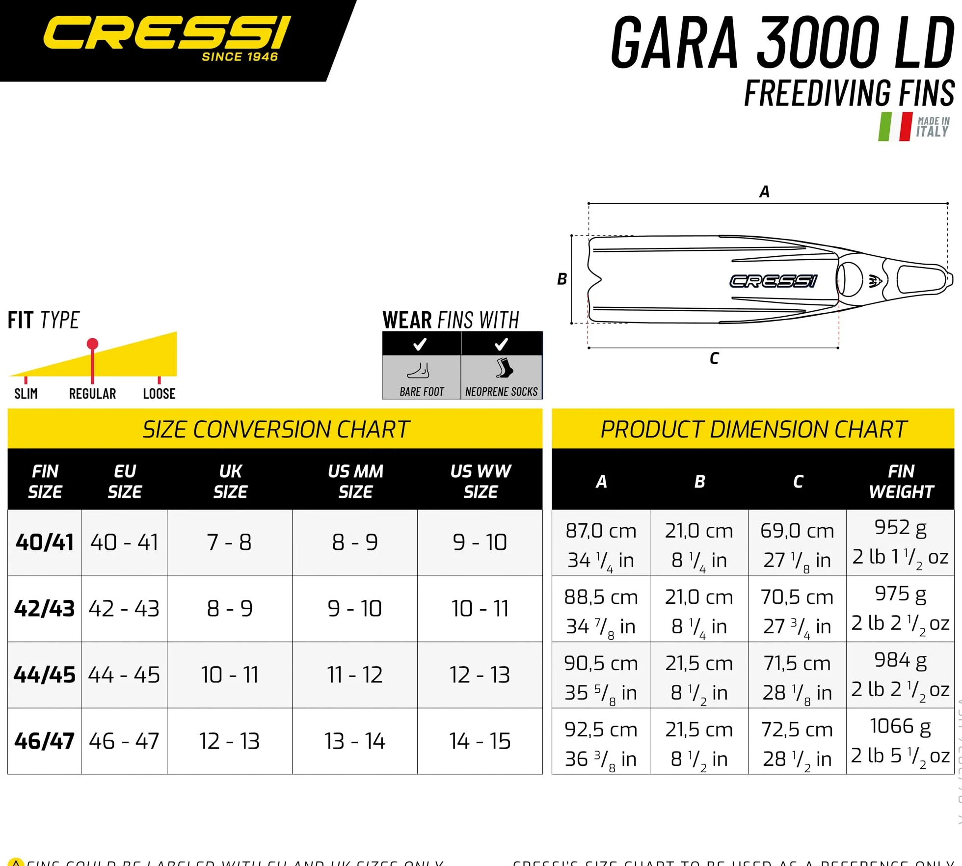Cressi Largo Libre Buceo Aletas de Suave y Potente | Gara 3000, Fabricado en Italia Calidad Desde 1946
