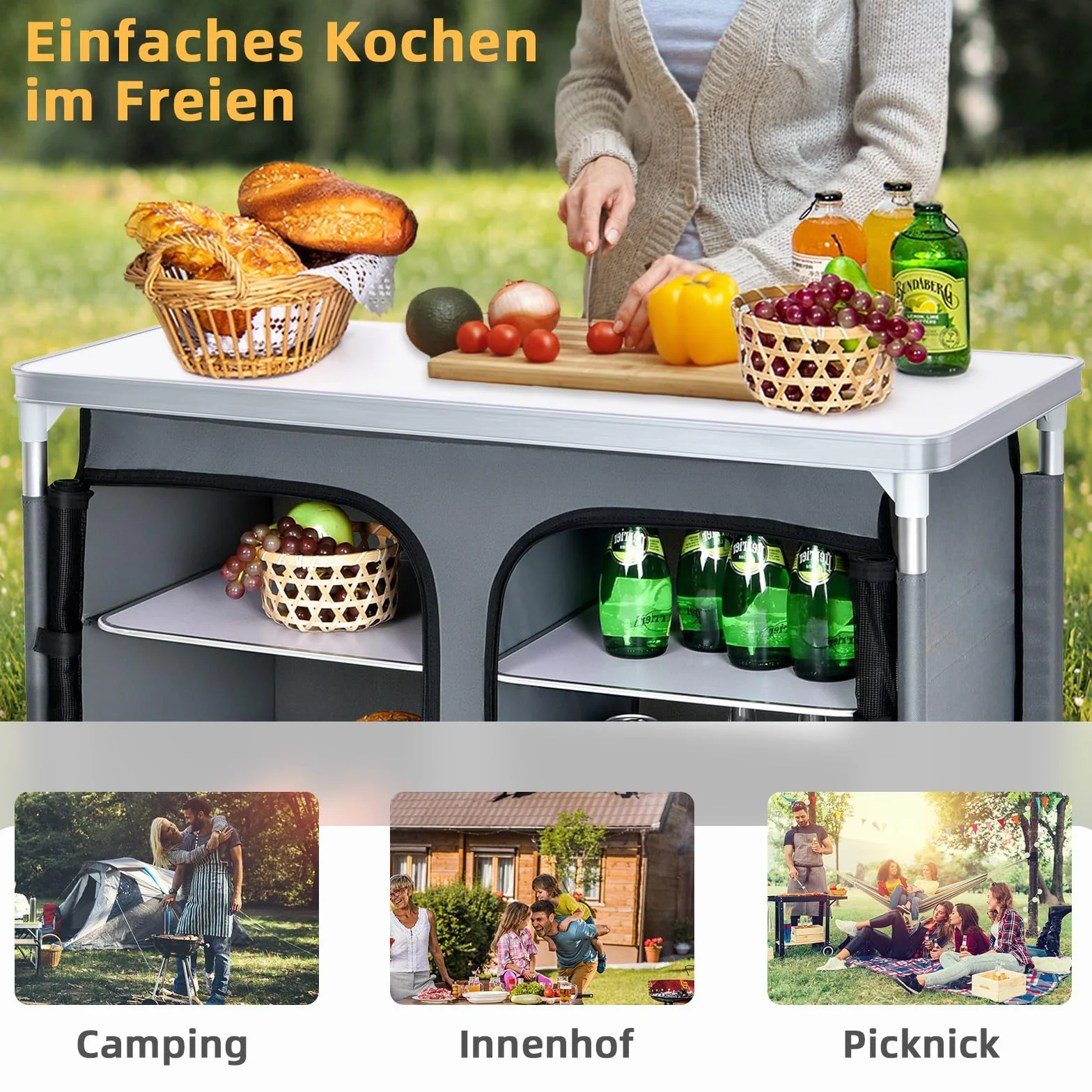 GYMAX Armario Plegable Camping, 96 x 49 x 81,5 cm, Mesa de Cocina al Aire Libre con 6 Compartimientos de Almacenamiento y Bolsa de Transporte, Cocina de Viaje para BBQ, Camping y Picnics, Gris