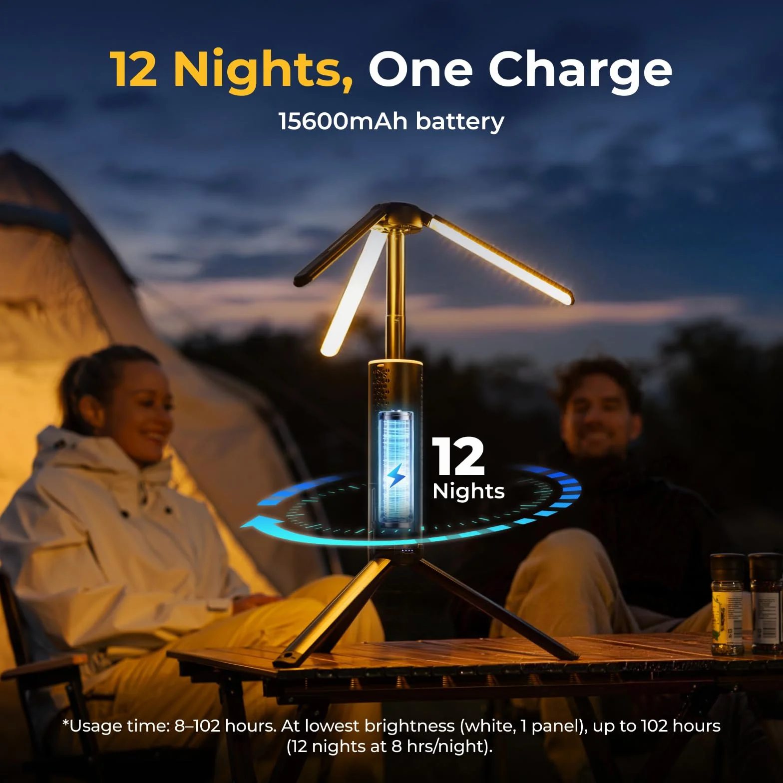 BougeRV T1 - Lámpara de camping recargable (15600 mAh, 3000 LM, linterna telescópica 1,68 m, altura y ángulo ajustables, carga rápida 2,5 h, impermeable IPX5, iluminación para camping, astillero