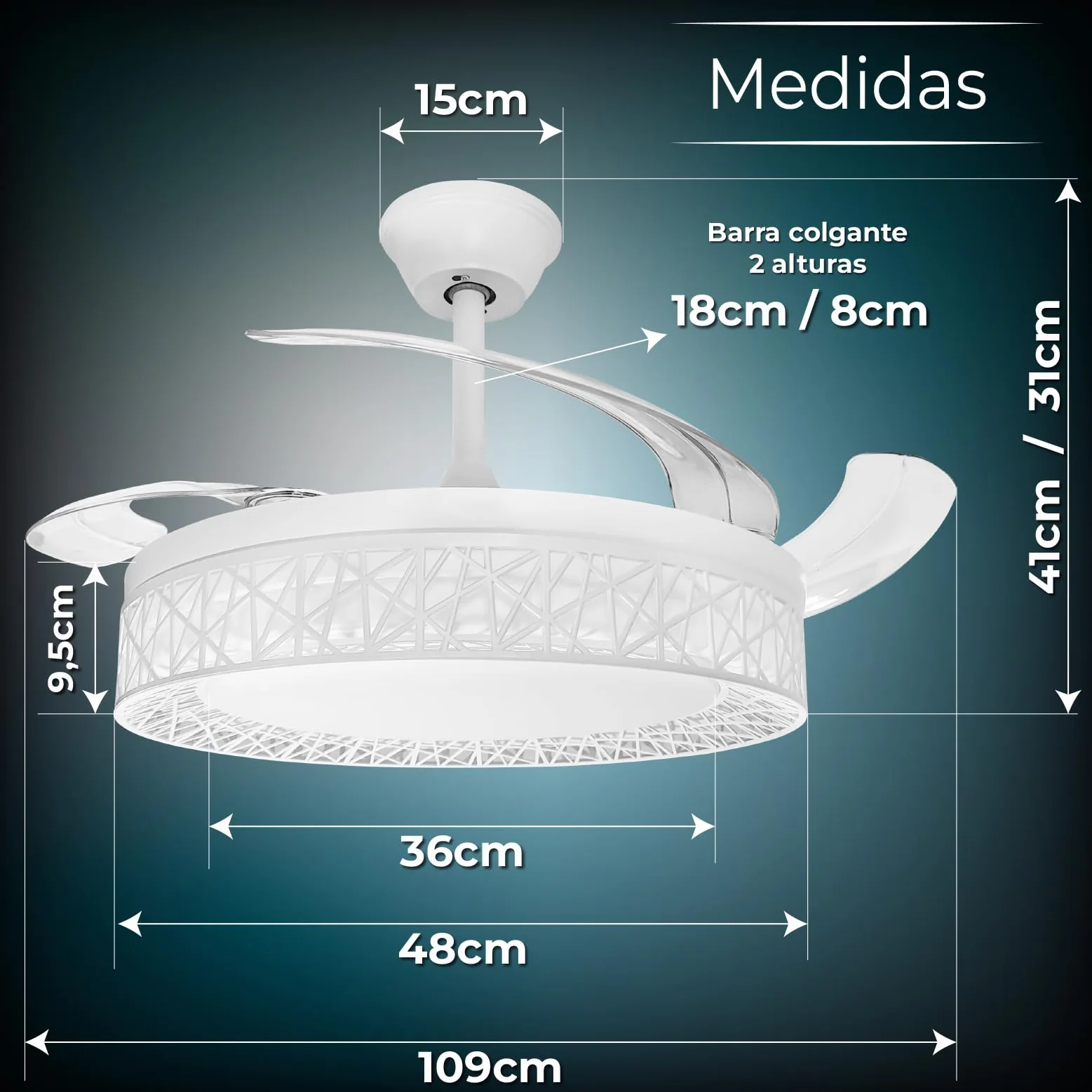 LED ATOMANT Ventilador de Techo con Luz LED 40W, Motor DC 32W, Ø 109cm, 4100LM, 4 Aspas Retractiles, 6 Velocidades, Modo Verano Invierno, Mando