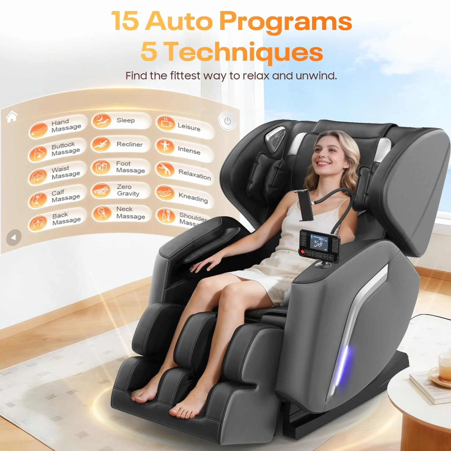 Sillón de Masaje con 14 Rodillos, 9 Airbags, Calefacción Espalda Piernas, Bluetooth, Control Smartphone