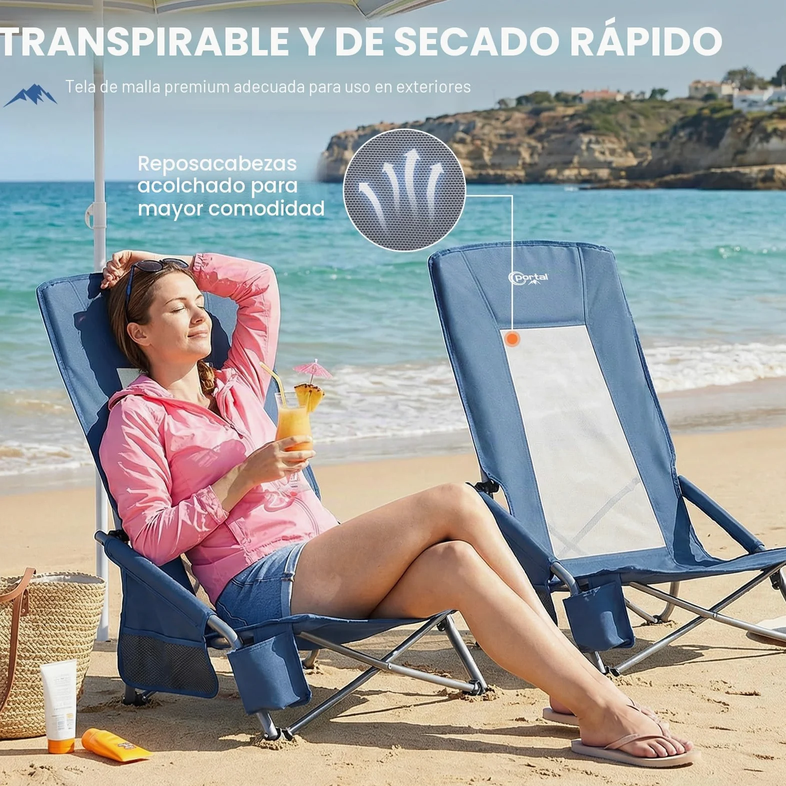 Portal Juego de 2 sillas de playa de respaldo alto, ligeras, bajas, portátiles, para adultos, asiento de playa, festival, picnic, mochila, tumbona plegable al aire libre, con portavasos de malla