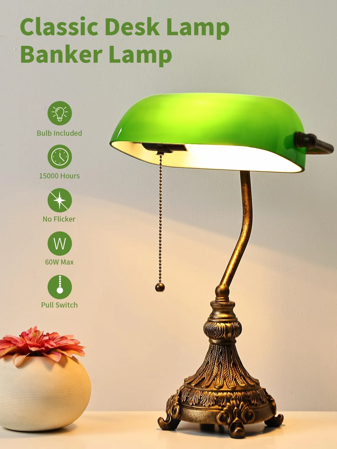 Lámpara de escritorio vintage de cristal verde para oficina en casa o biblioteca, con interruptor de cadena y enchufe, bombilla LED incluida.