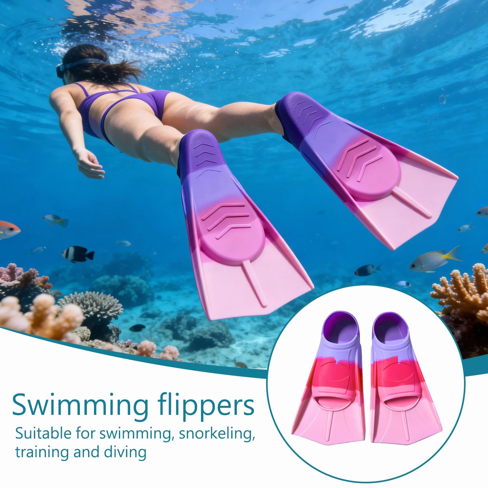 Aletas de natación, aletas cortas de silicona, aletas de buceo, aletas de arco iris, aletas cortas de entrenamiento, aletas cortas para entrenamiento de natación, esnórquel, buceo para principiantes