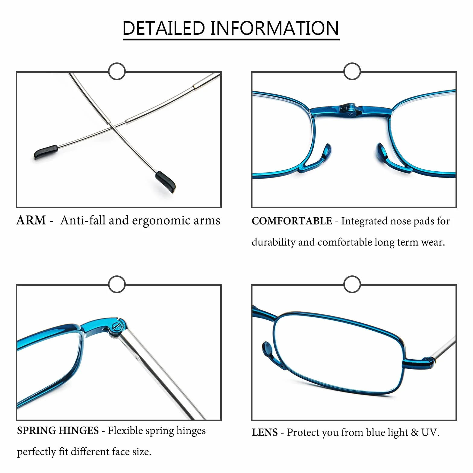 Gafas de Lectura Plegables con Filtro de Luz Azul Varillas Telescópicas Estuche Portátil Azul +2.0