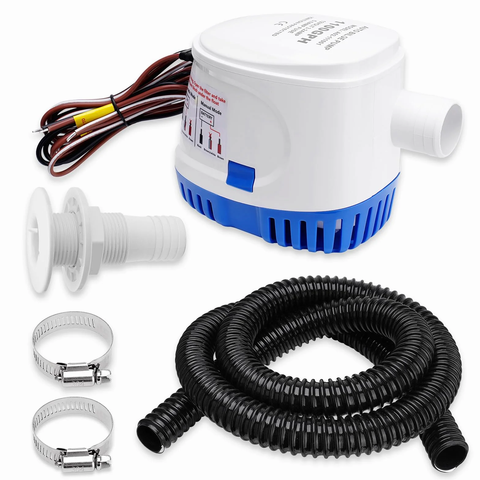 Bomba automática de agua de sentina para barco, 1100 GPH, 12 V, 1-1/8 pulgadas de diámetro, kit de fontanería con manguera de 6 pies, 2 abrazaderas, montaje a través del casco, ideal para barcos de