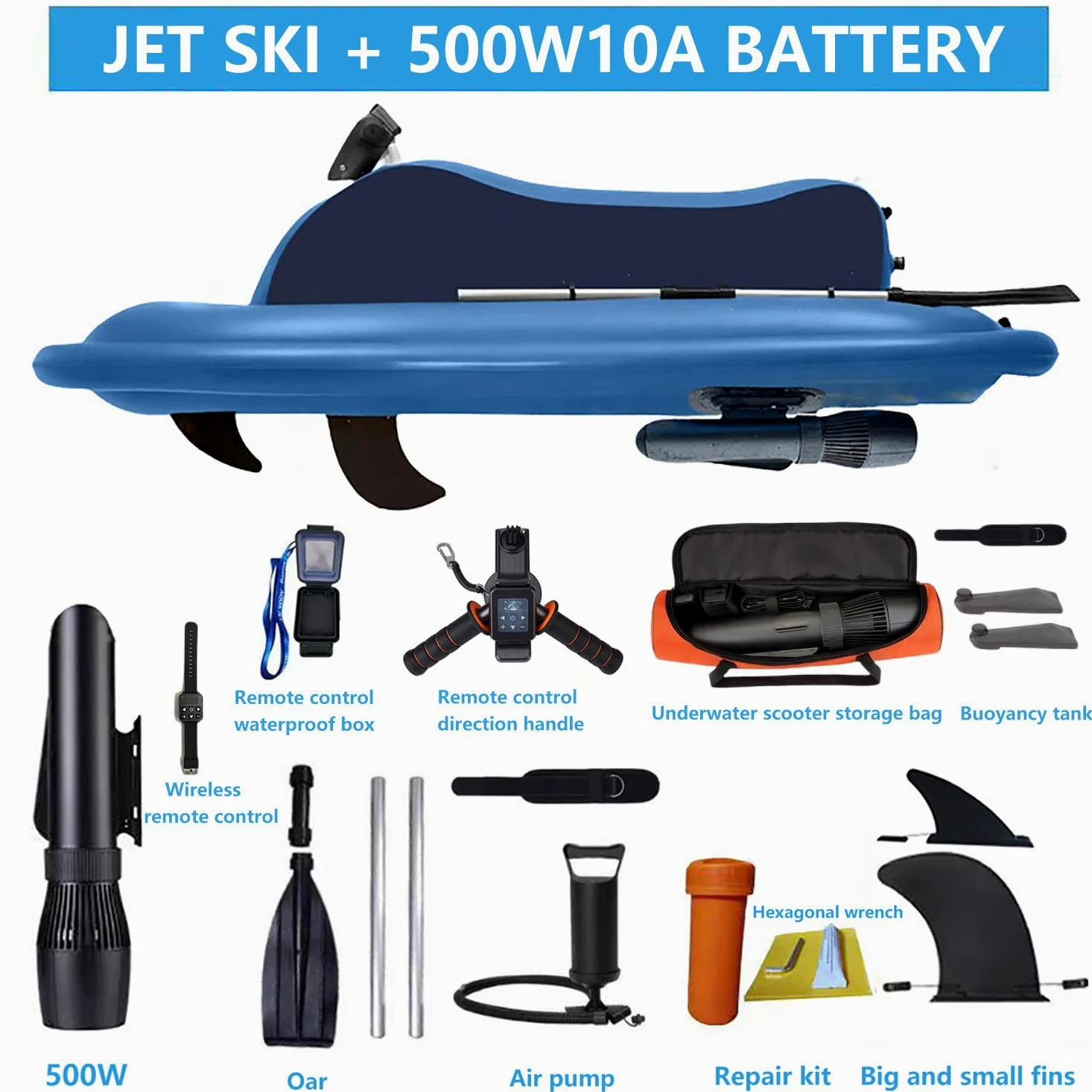 Moto acuática inflable eléctrica, kit de bote combinado inflable con motor SUP, propulsor a control remoto, bolsa de almacenamiento para asa y propulsor, capacidad máxima de 330 lb,500W10A