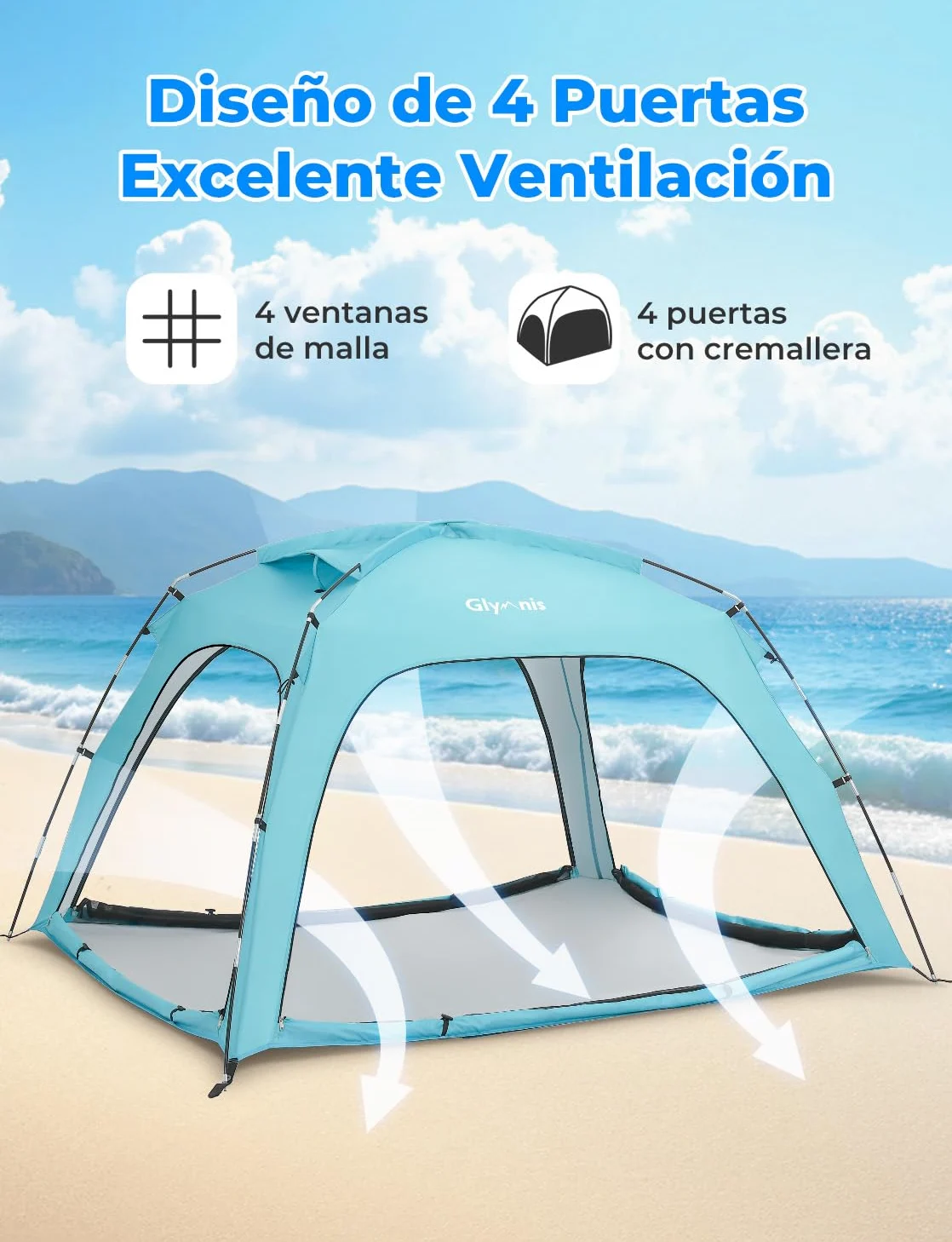 Glymnis Tienda de campaña grande para 3-4 personas, protección UV, refugio solar portátil, ideal para playa, picnic y pesca
