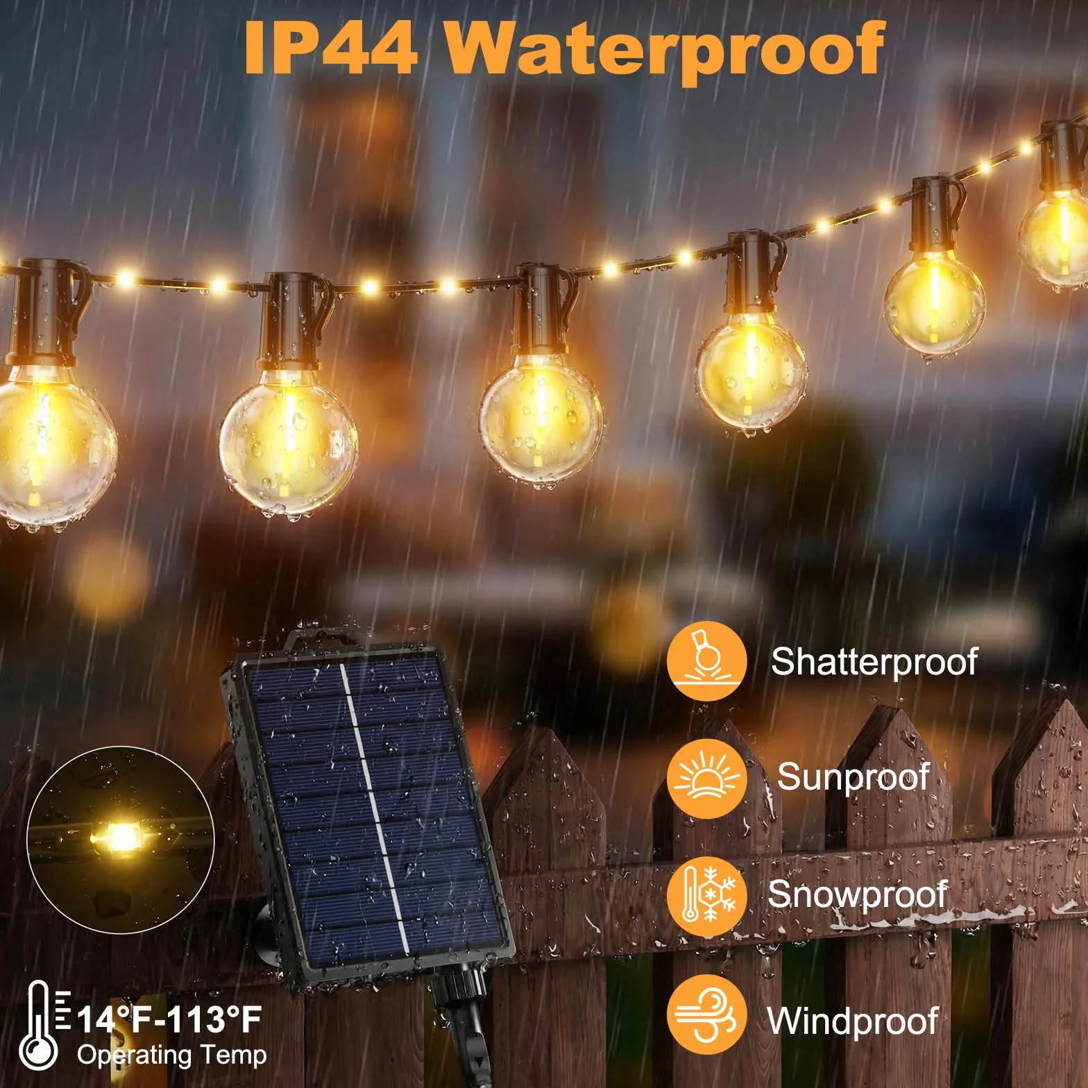 Guirnaldas Luces Exterior Solar 12M 39.4Ft Lámparas Solares de Jardín con 14+1 G40 Bombillas 26 Perlas LED 19 Modos Impermeable