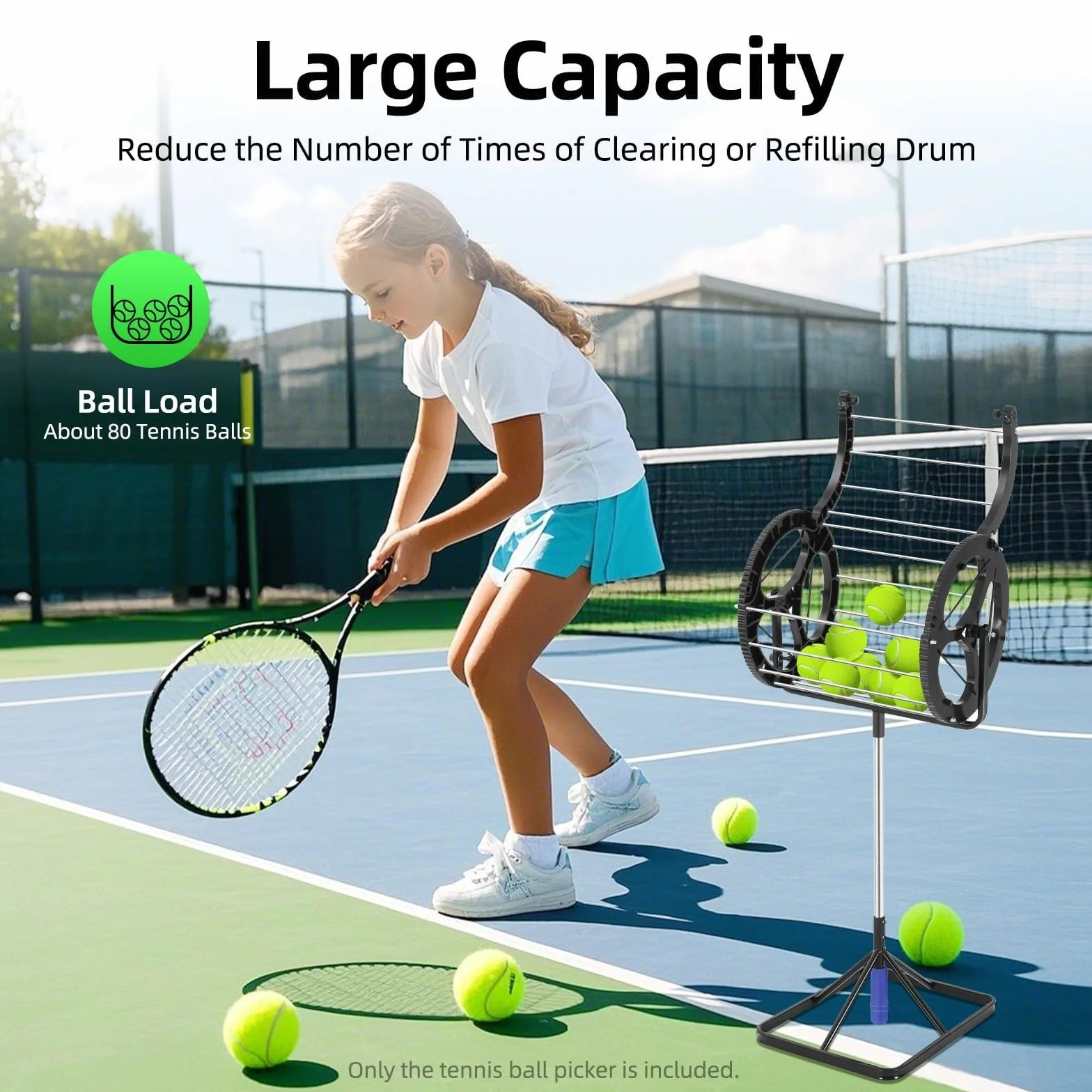 Recogedor automático de pelotas de tenis, capacidad de 80 pelotas, cesta de coleccionista de tenis 2 en 1, recogedor de pelotas rodantes con asa, tolva portátil para la escuela, club de cancha