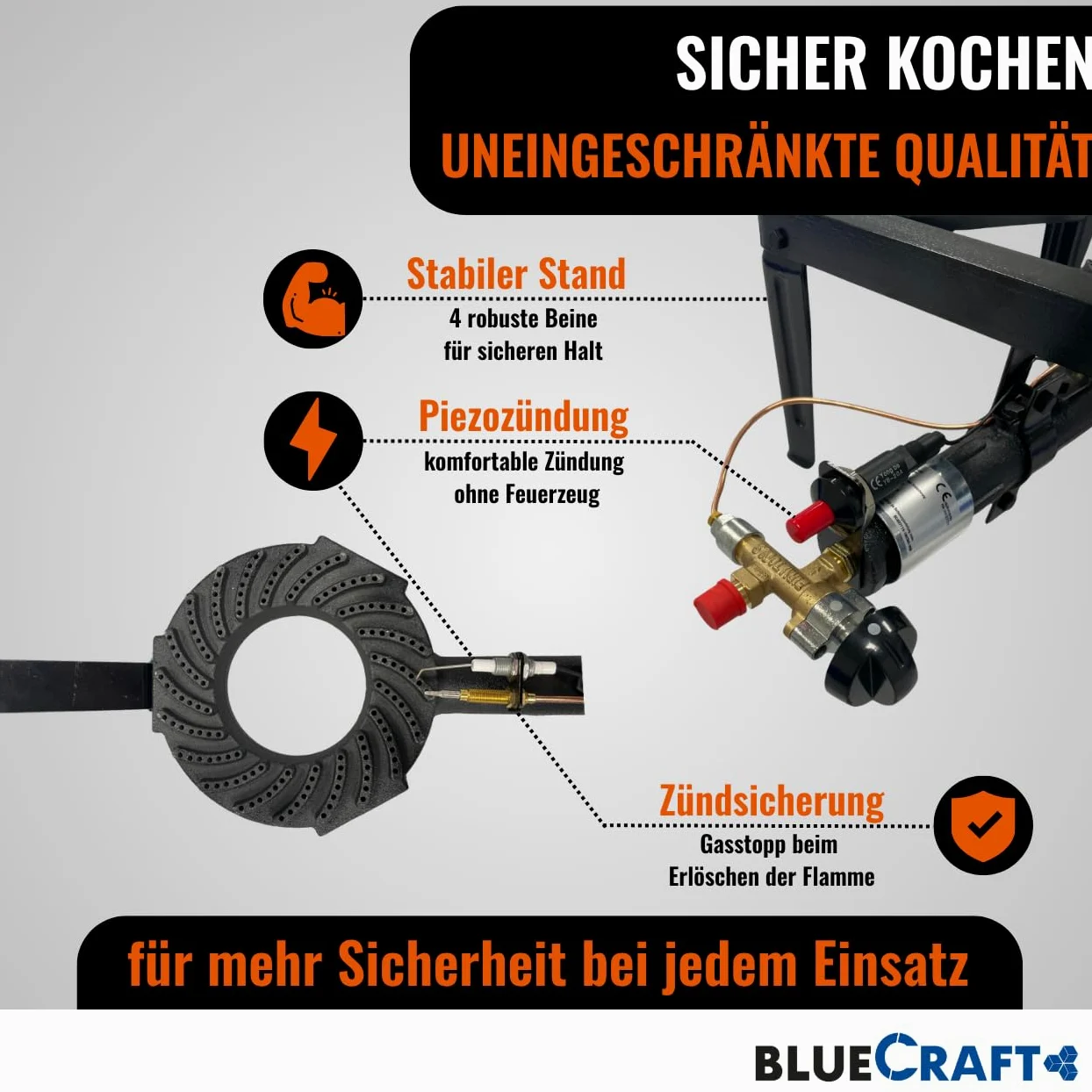 Bluecraft - Hornillo de gas de 10,5 kW para bombona de gas con seguro de encendido y encendido piezoeléctrico, incluye manguera de gas de 150 cm y regulador de gas de 50 mbar, cocina profesional para