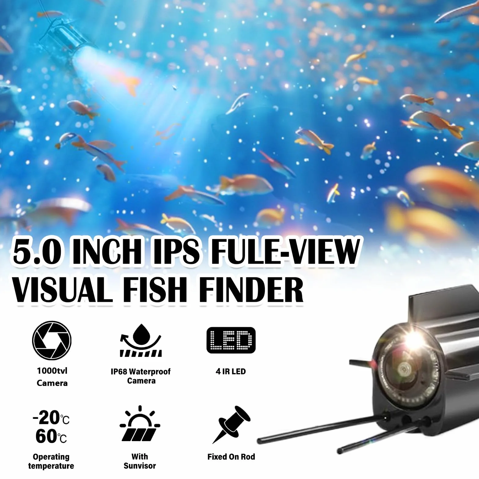 Cámara de Pesca Submarina IP65 Impermeable 5" Pantalla IPS 8000 mAh 30M Cable 220° Visión Nocturna Gran Angular