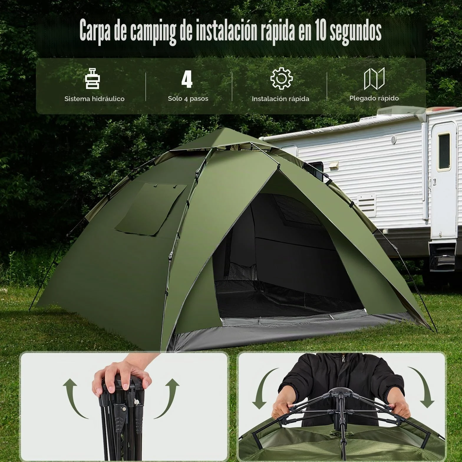 Tienda de campaña Automática para 4 Personas 230 * 230 * 150CM Pop Up Tienda instantánea para 4 Estaciones Protección UV 2 en 1 Doble Capas Tienda Campismo Plegable Familia Cúpula Carpa